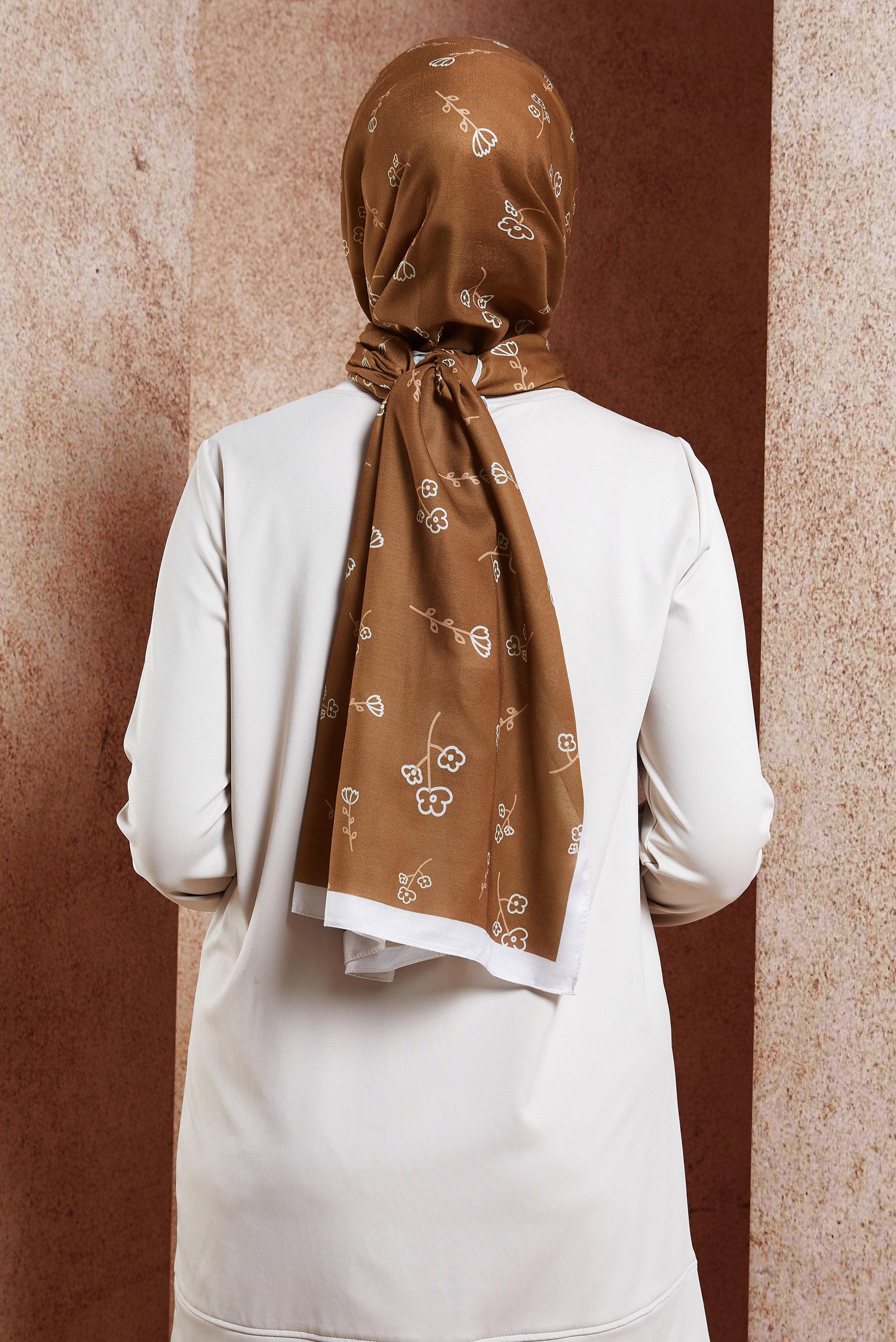 Tesettür giyim KAHVE ALVİNA ÇİÇEK DESENLİ ŞAL 7469