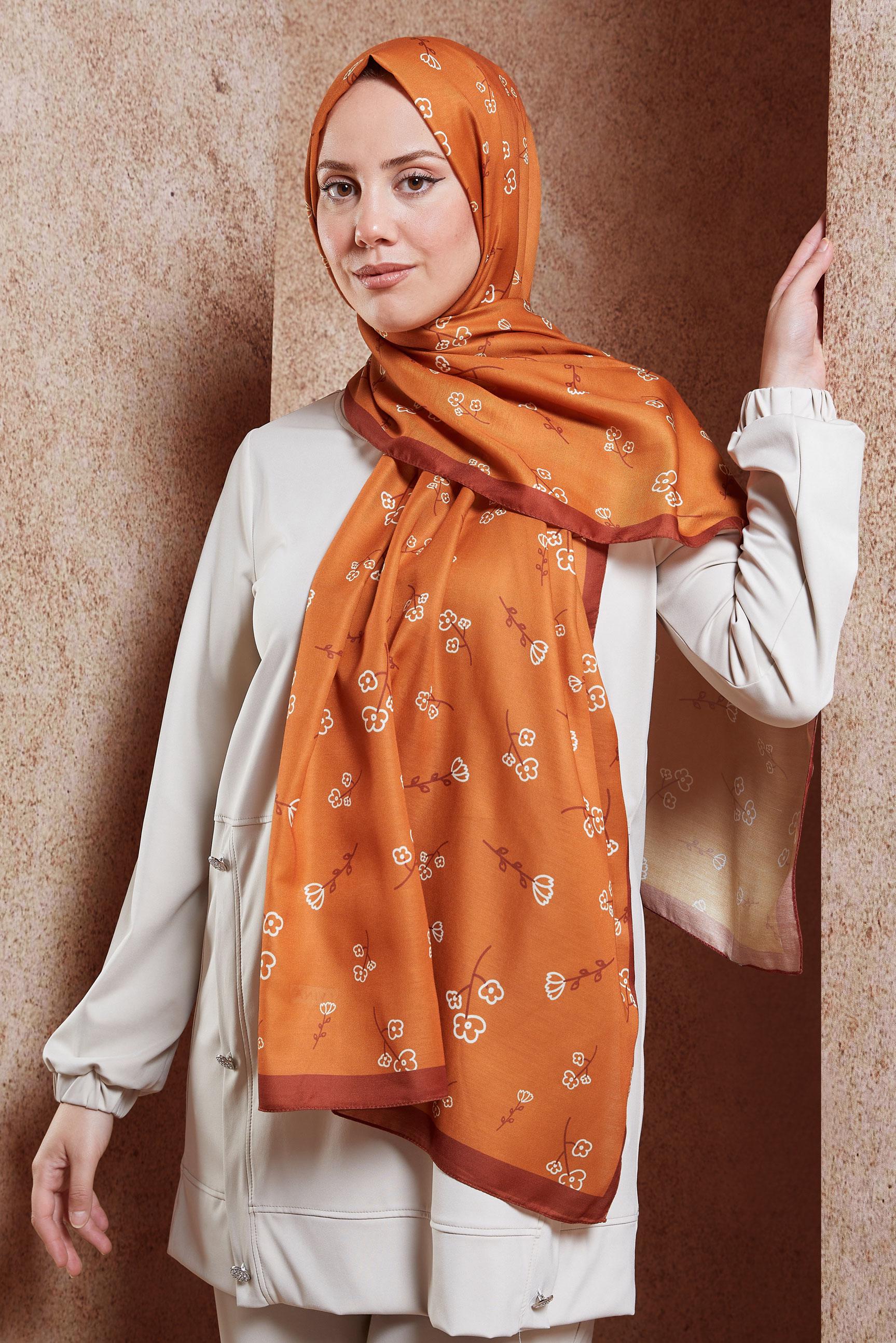 Tesettür giyim TABA ALVİNA ÇİÇEK DESENLİ ŞAL 7469
