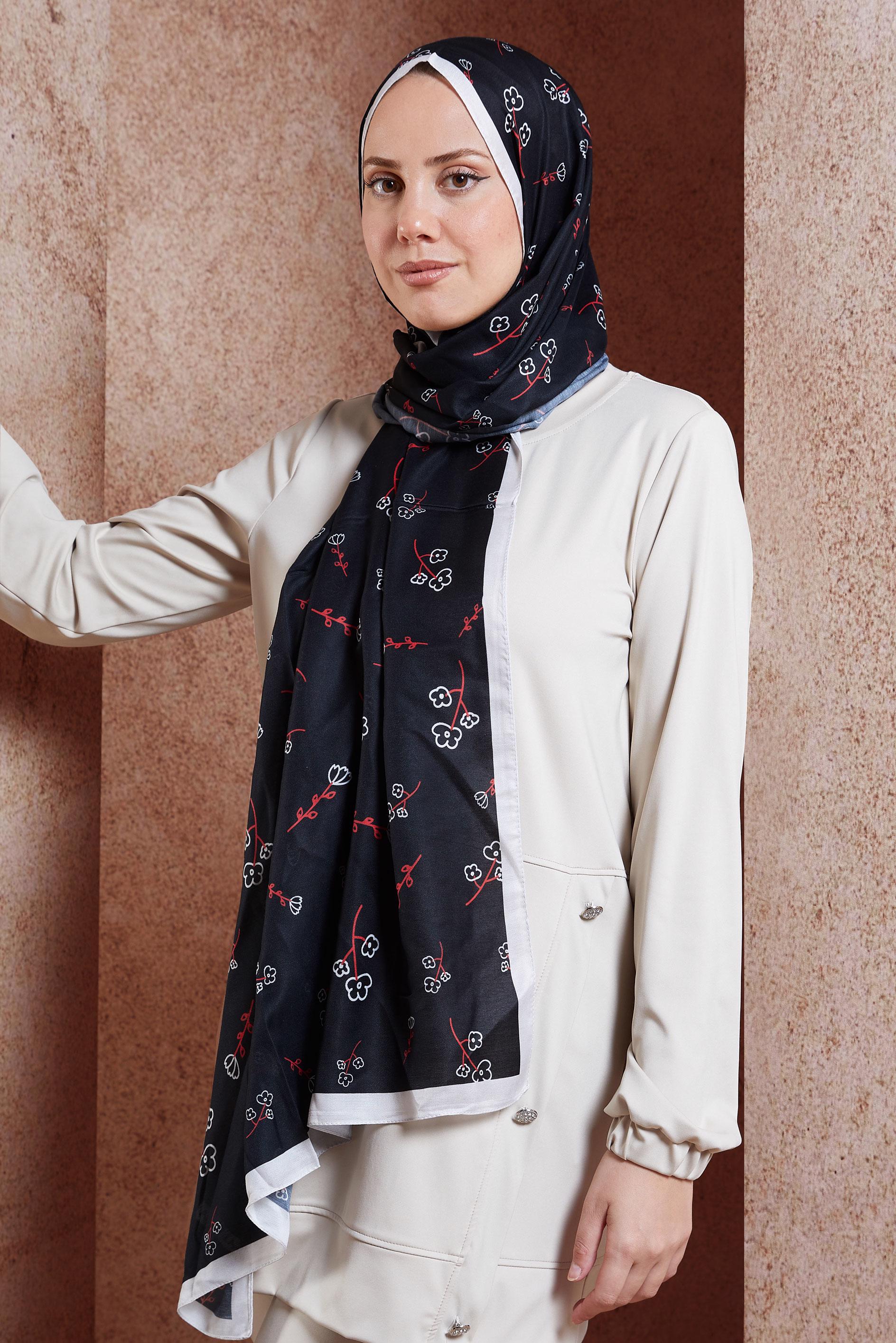 Tesettür giyim SİYAH ALVİNA ÇİÇEK DESENLİ ŞAL 7469