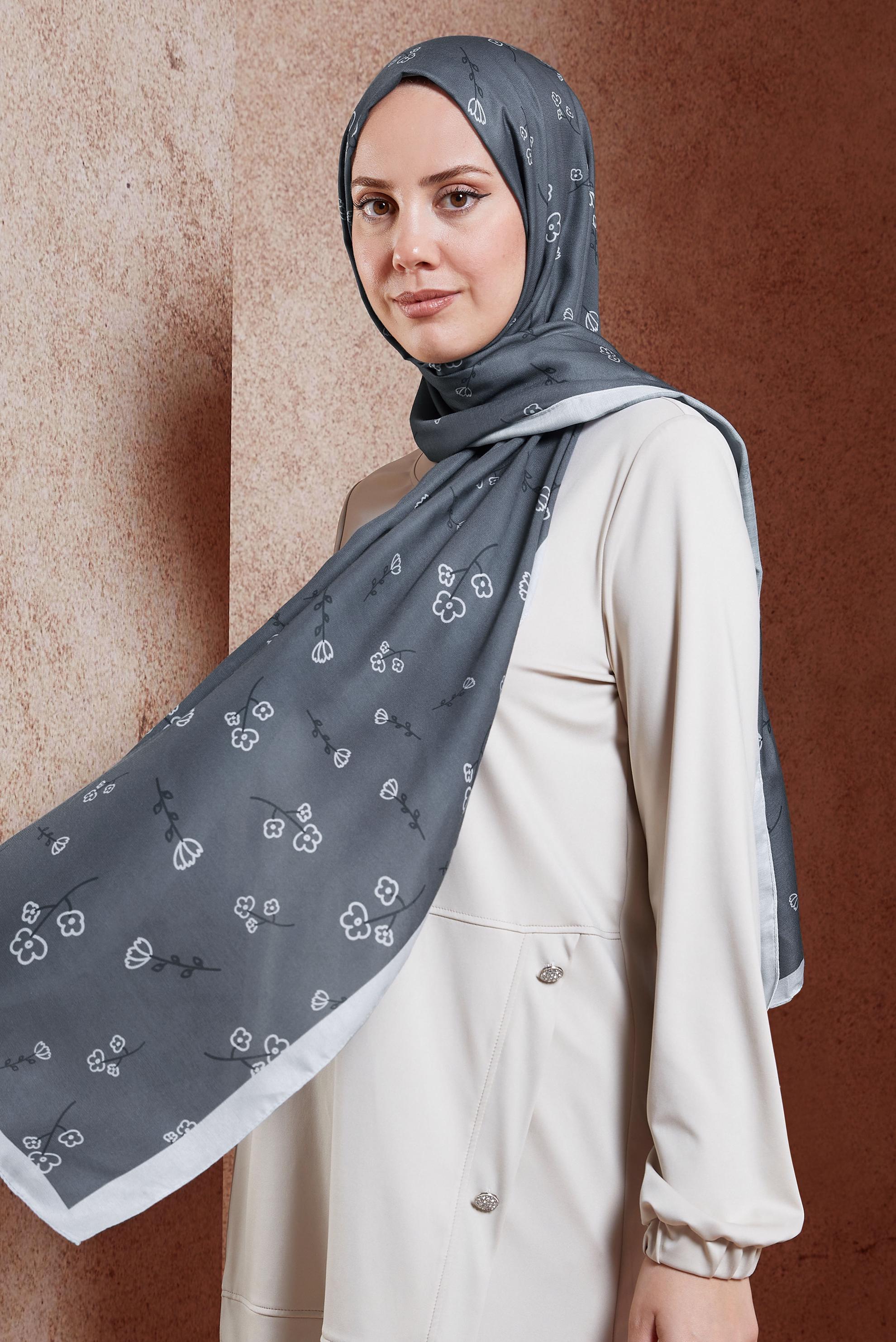 Tesettür giyim GRİ ALVİNA ÇİÇEK DESENLİ ŞAL 7469