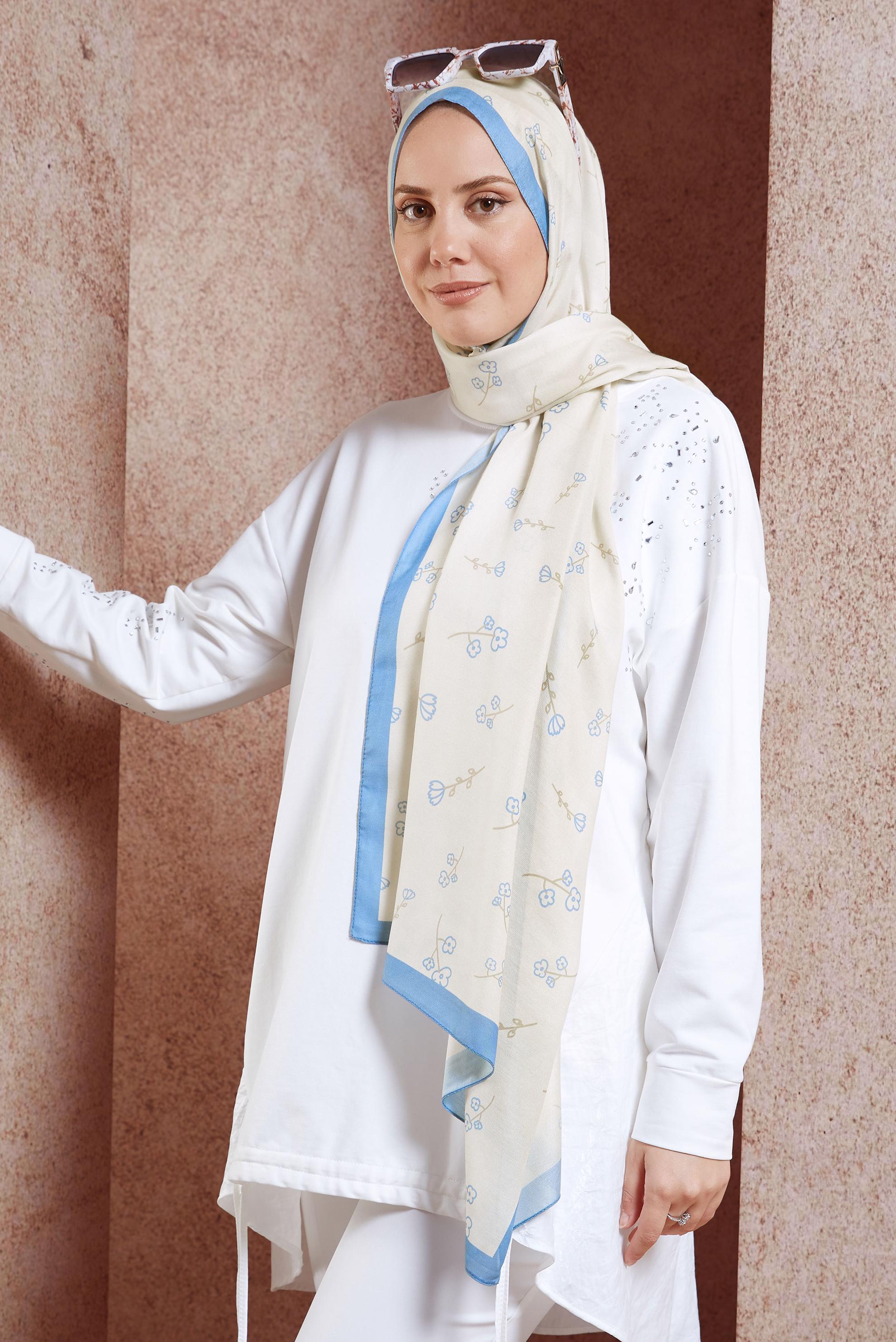 Tesettür giyim MAVİ ALVİNA ÇİÇEK DESENLİ ŞAL 7469