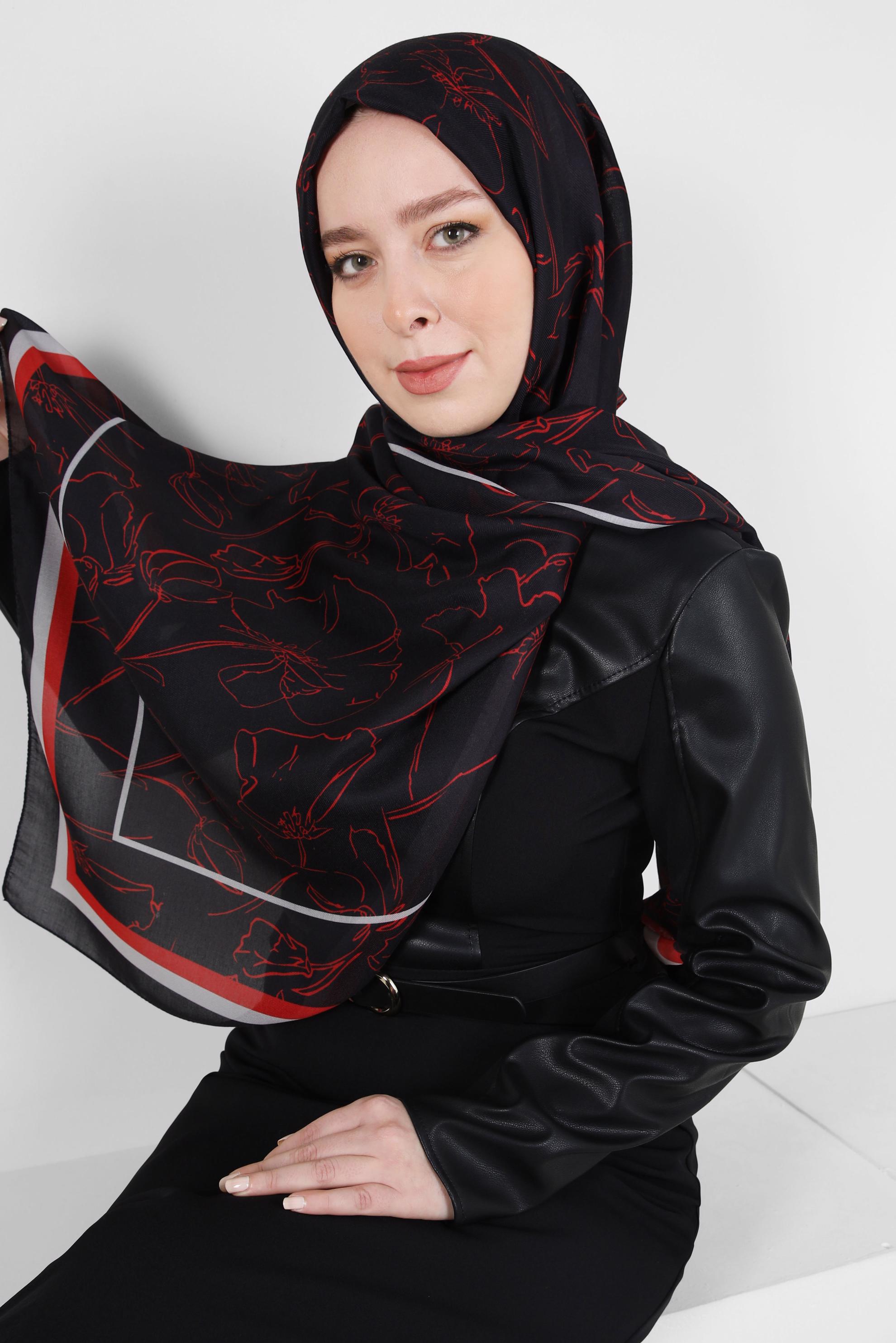 Tesettür giyim SİYAH ALVİNA ÇİÇEK DESEN SOFT ŞAL 8407