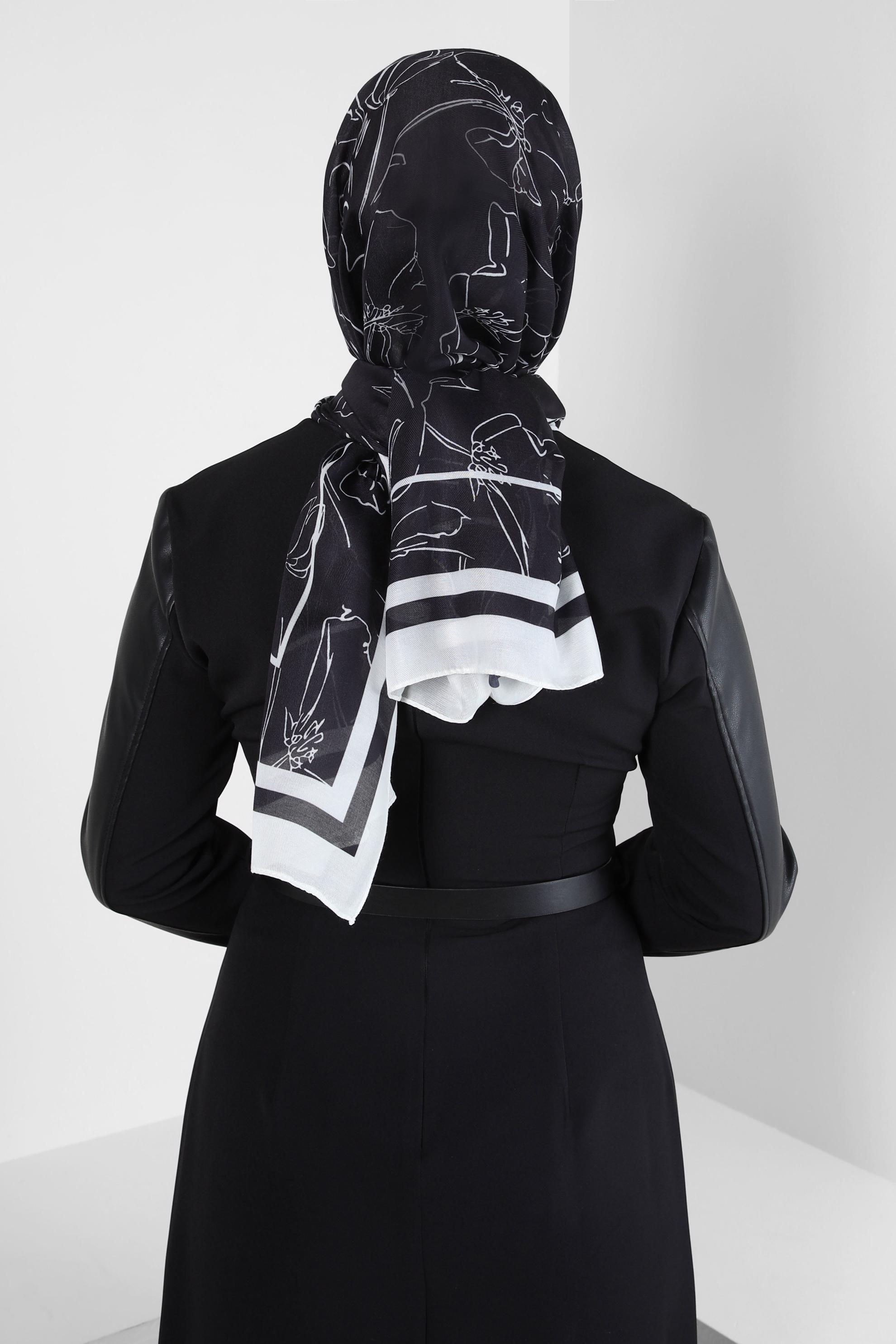 Tesettür giyim SİYAH ALVİNA ÇİÇEK DESEN SOFT ŞAL 8407