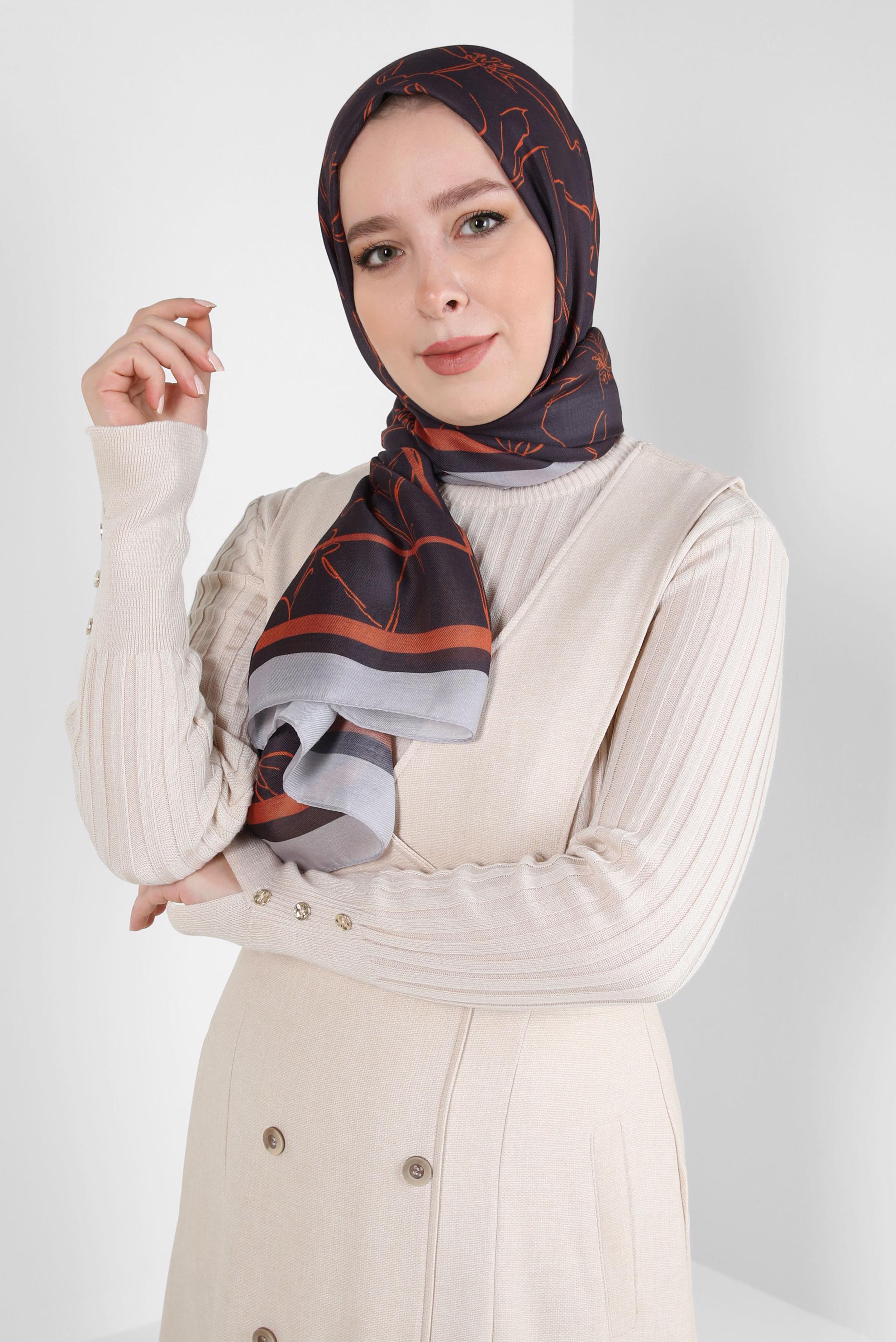 Tesettür giyim KAHVE ALVİNA ÇİÇEK DESEN SOFT ŞAL 8407