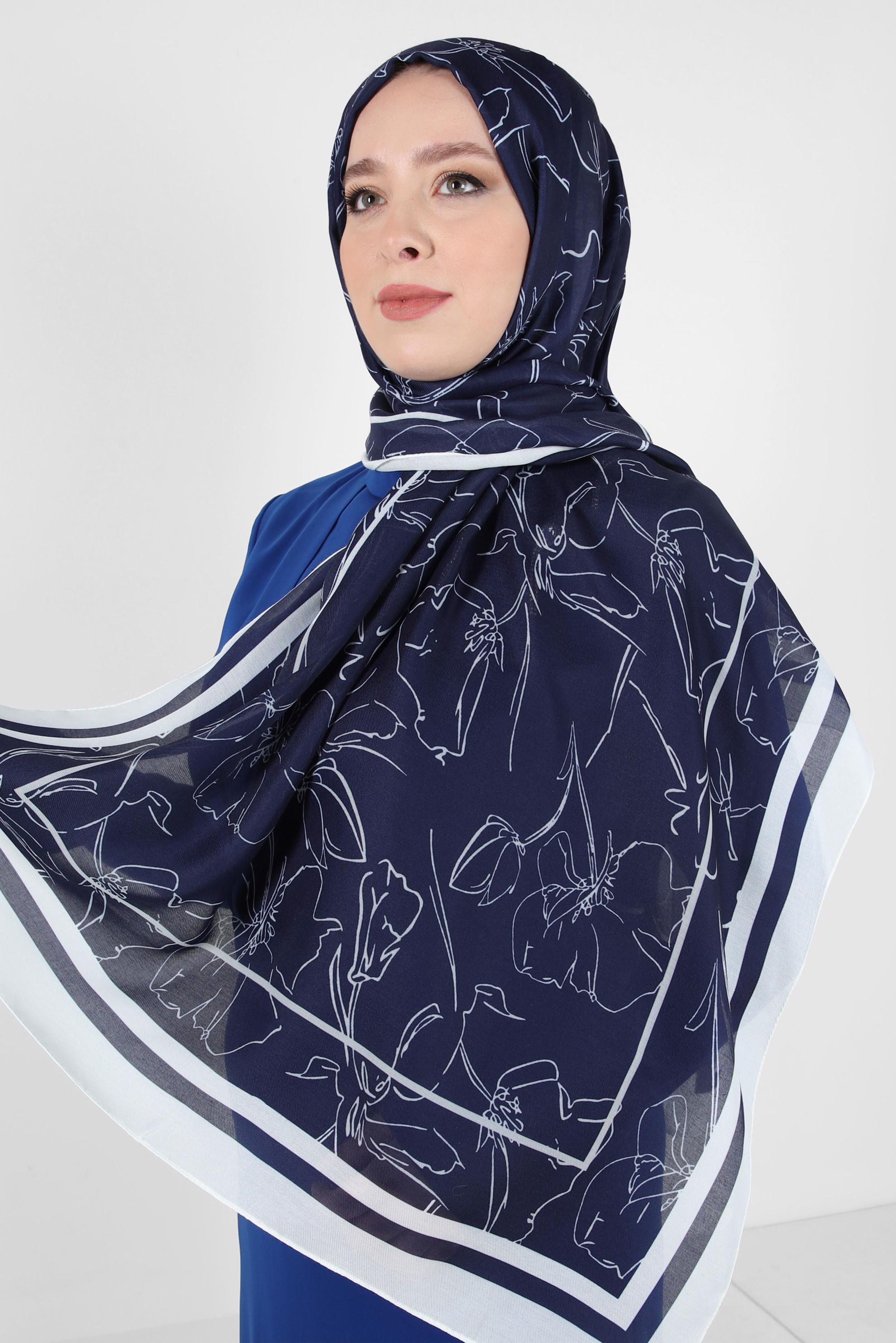 Tesettür giyim LACİVERT ALVİNA ÇİÇEK DESEN SOFT ŞAL 8407