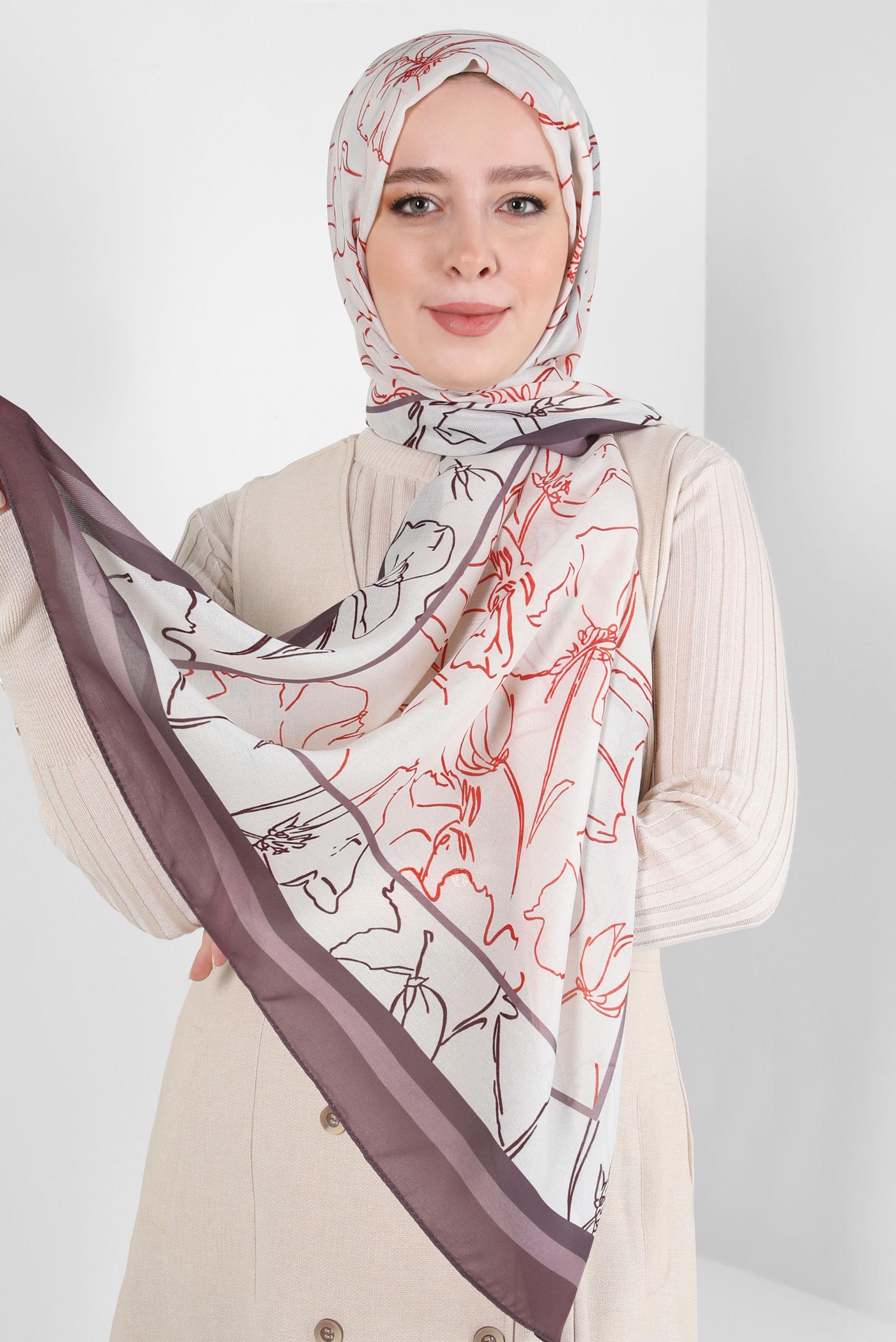 Tesettür giyim VİZON ALVİNA ÇİÇEK DESEN SOFT ŞAL 8407