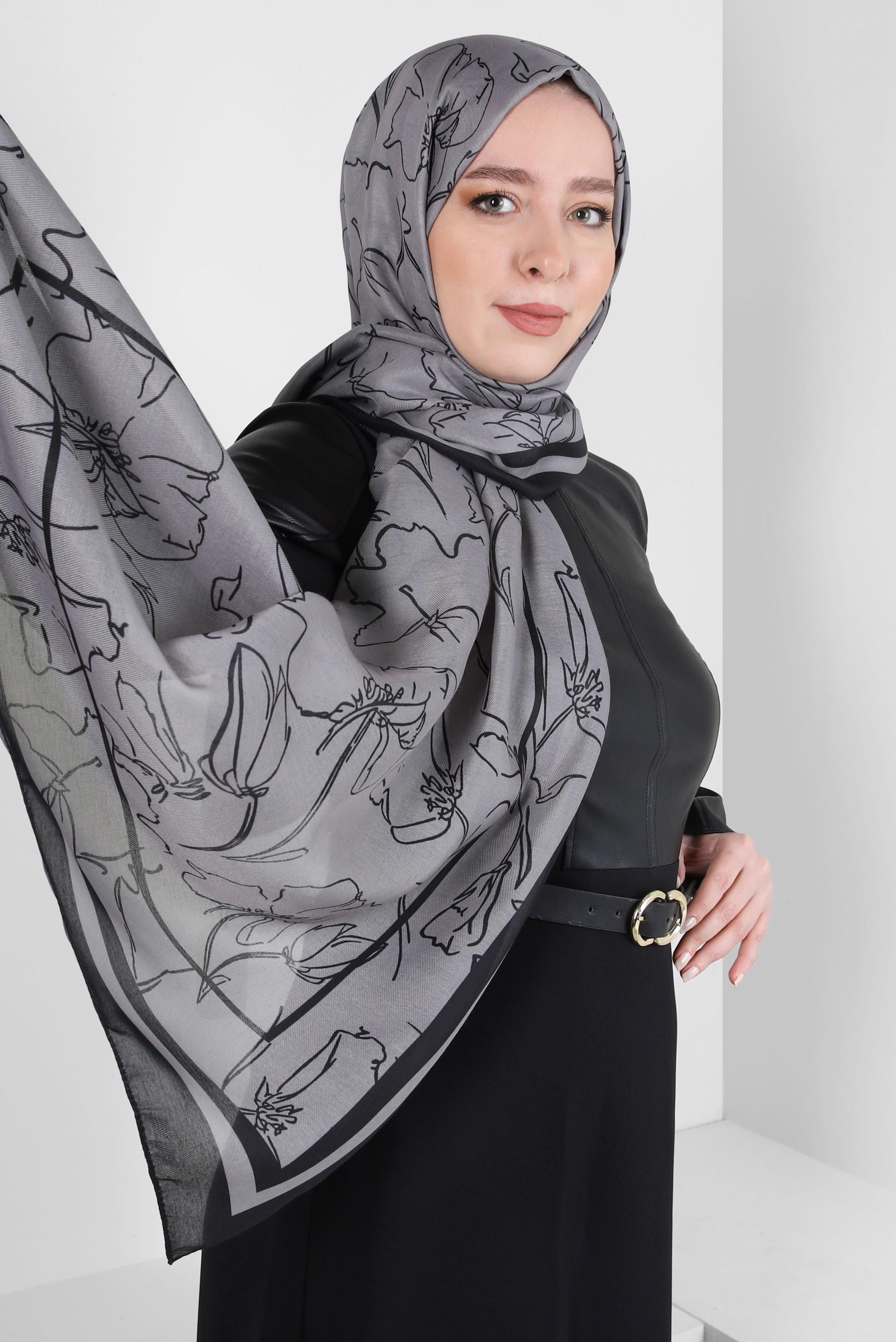 Tesettür giyim VİZON ALVİNA ÇİÇEK DESEN SOFT ŞAL 8407