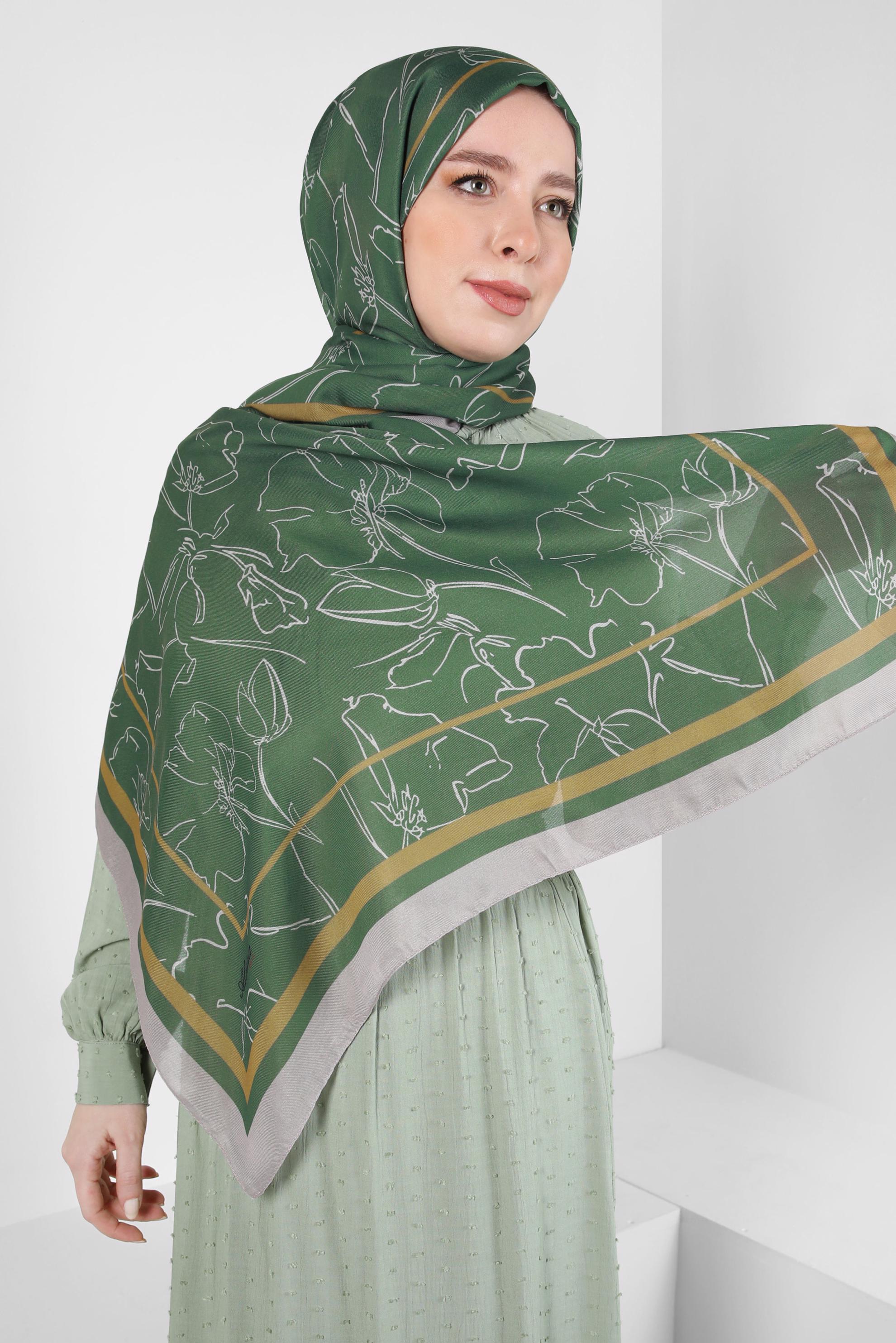 Tesettür giyim HAKİ ALVİNA ÇİÇEK DESEN SOFT ŞAL 8407