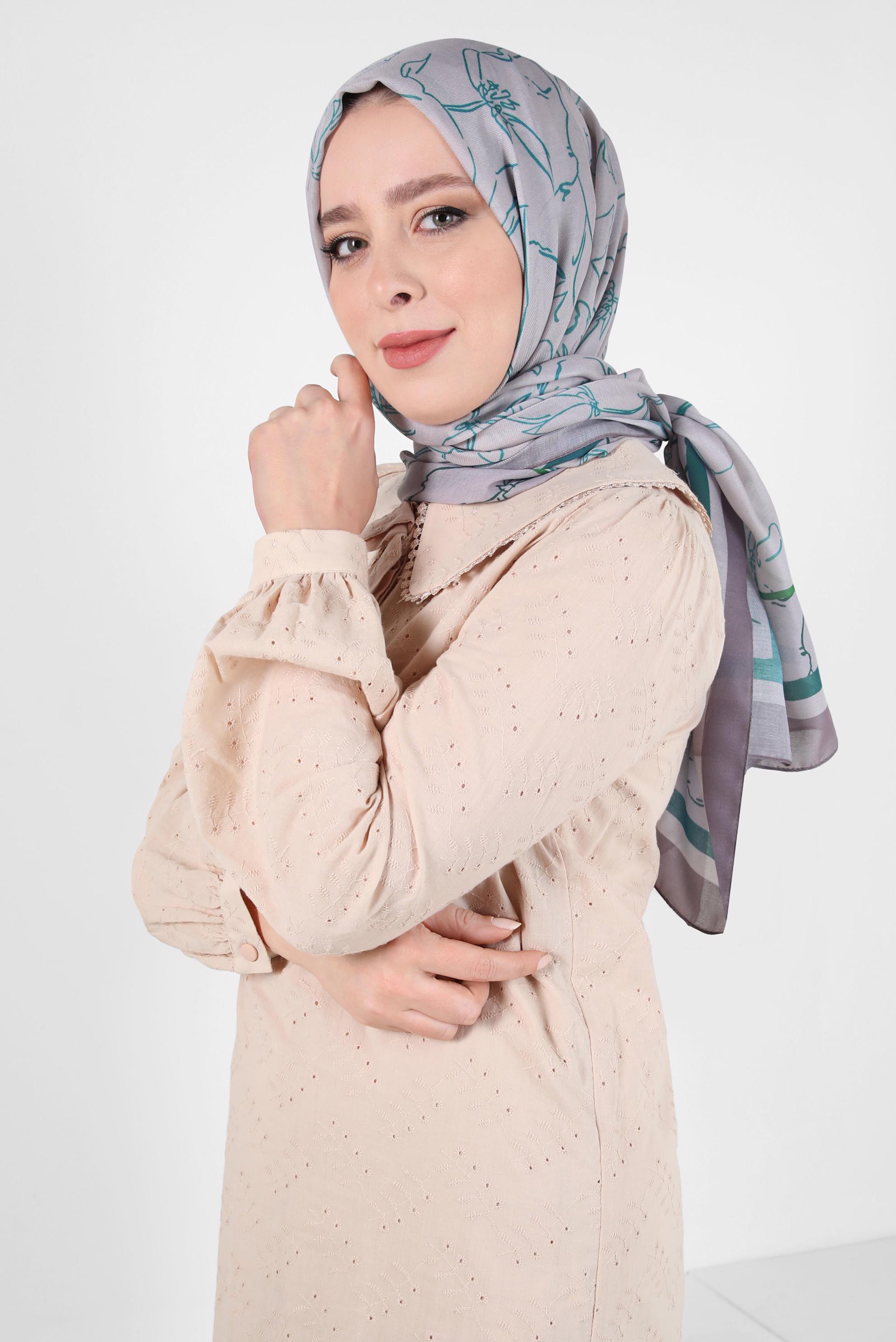 Tesettür giyim YEŞİL ALVİNA ÇİÇEK DESEN SOFT ŞAL 8407