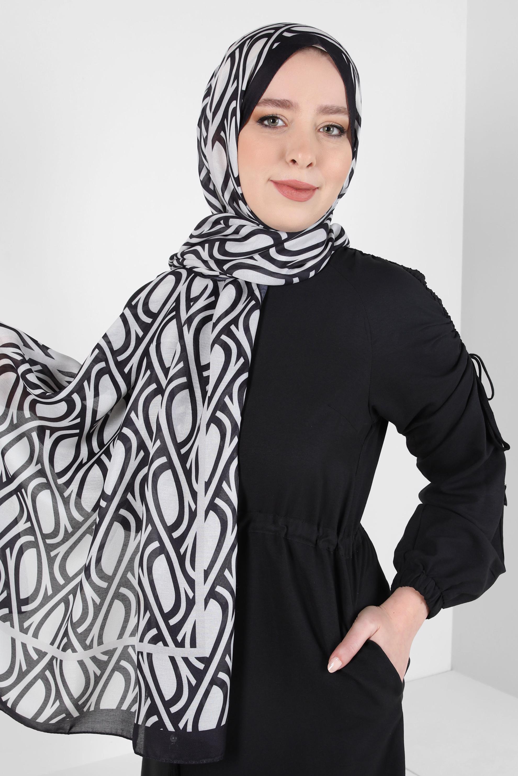 Tesettür giyim SİYAH ALVİNA DESENLİ ŞAL 8415