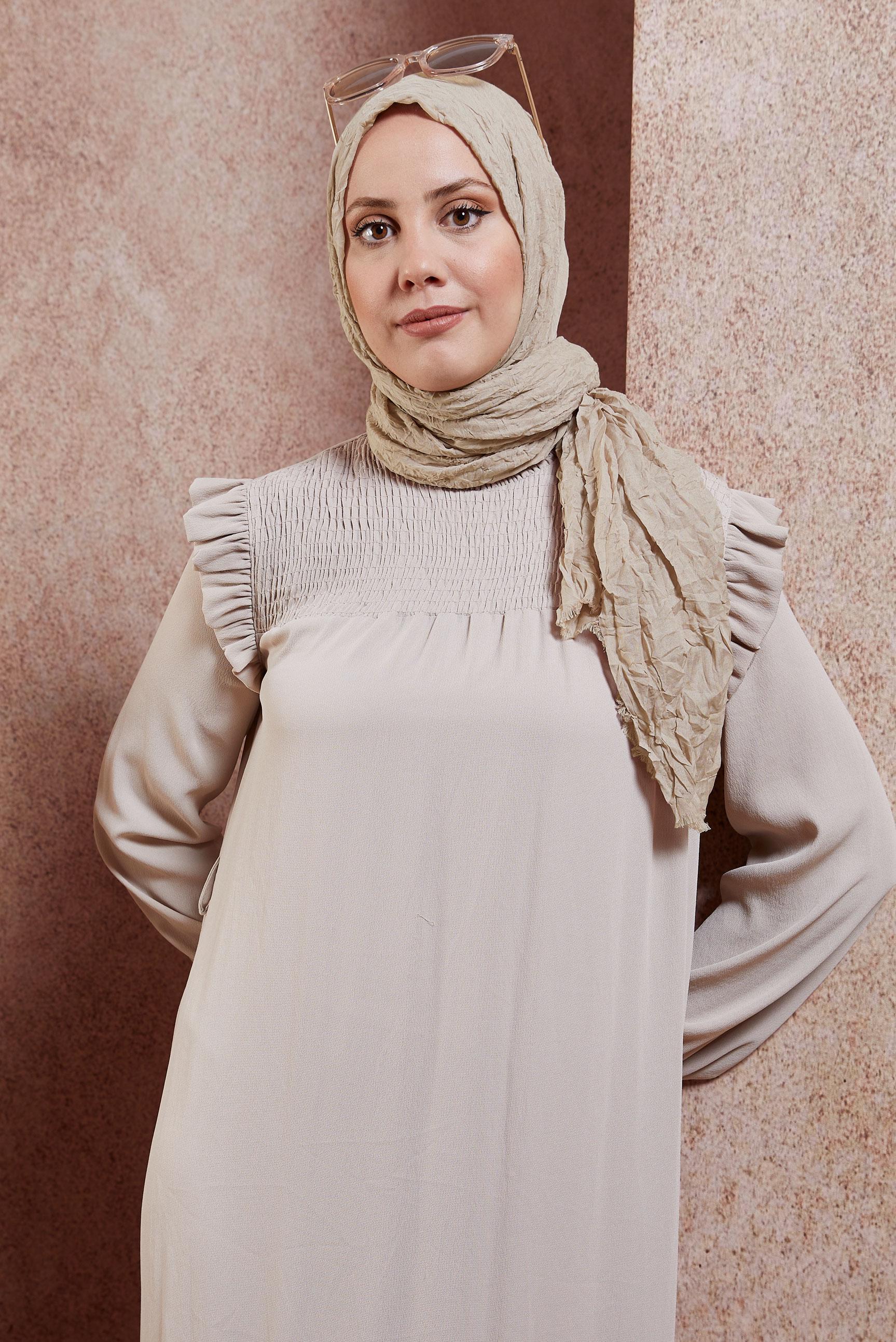 Tesettür giyim BEJ ALVİNA KENDİNDEN KIRIŞIK ŞAL 8423