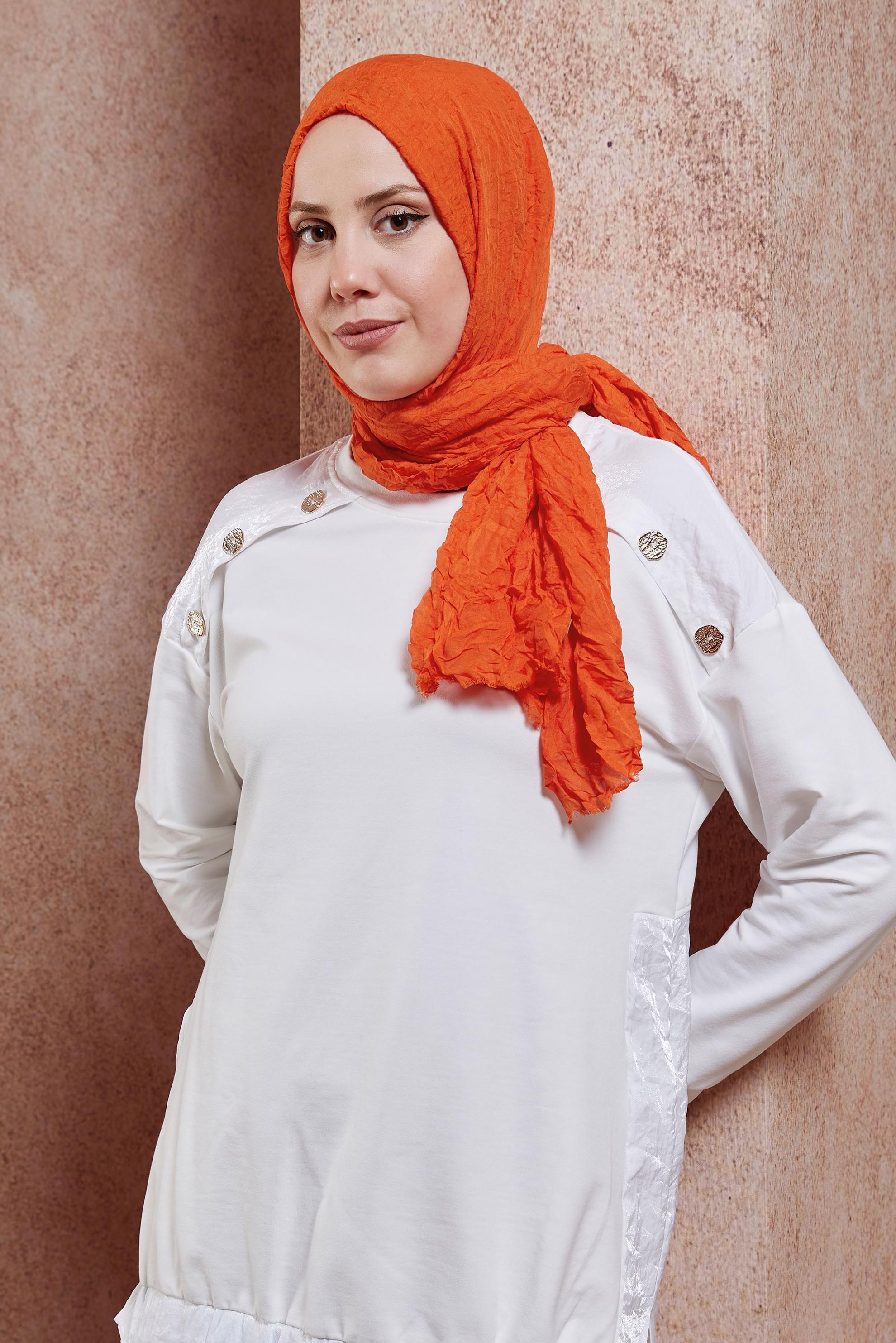 Tesettür giyim TURUNCU ALVİNA KENDİNDEN KIRIŞIK ŞAL 8423