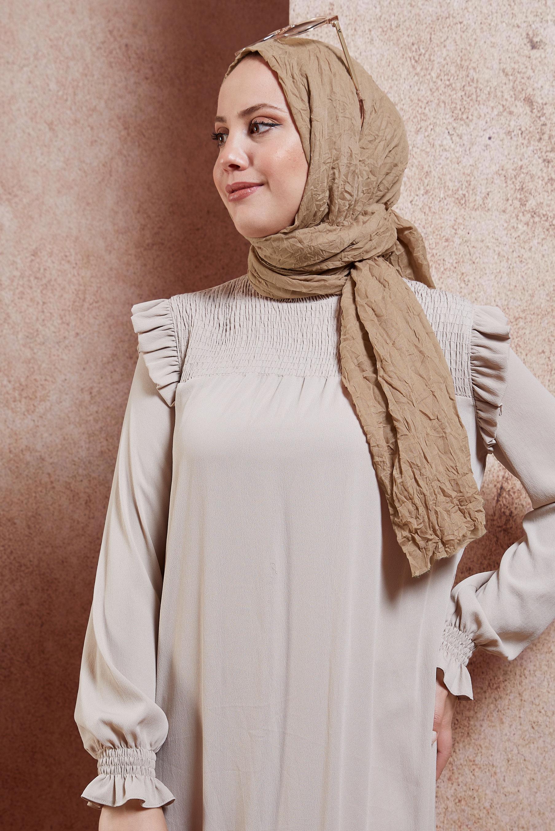 Tesettür giyim KAHVE ALVİNA KENDİNDEN KIRIŞIK ŞAL 8423