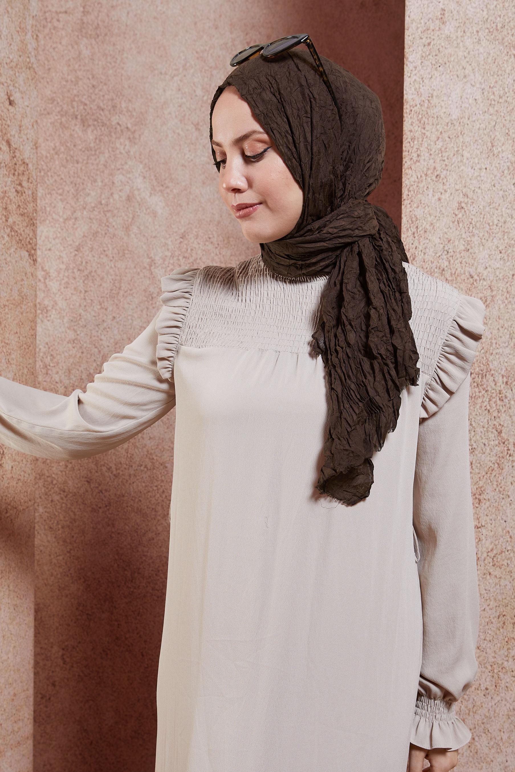 Tesettür giyim KAHVE ALVİNA KENDİNDEN KIRIŞIK ŞAL 8423