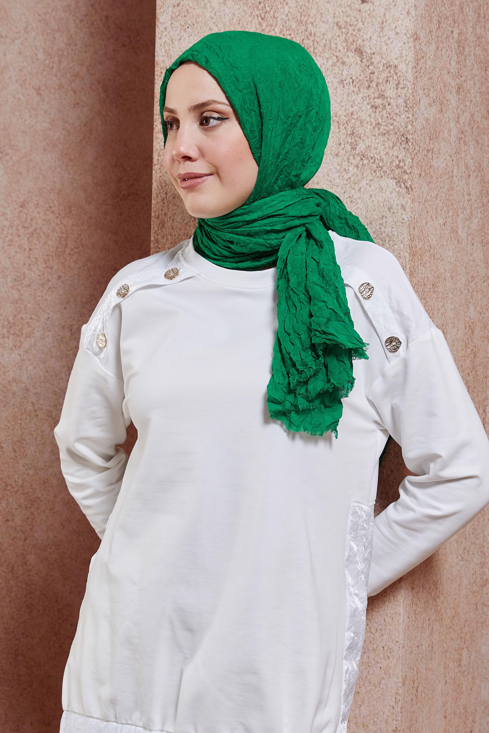 Tesettür giyim YEŞİL ALVİNA KENDİNDEN KIRIŞIK ŞAL 8423