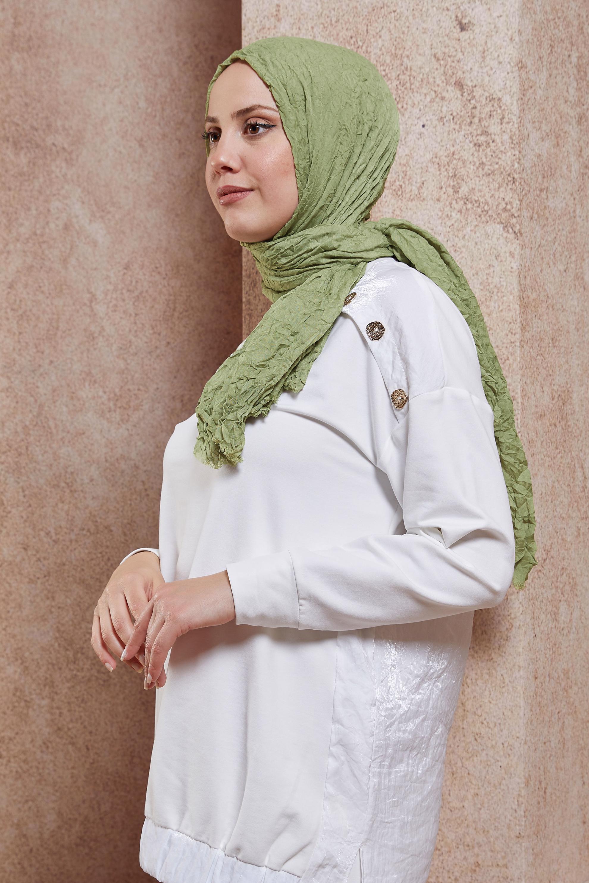 Tesettür giyim YEŞİL ALVİNA KENDİNDEN KIRIŞIK ŞAL 8423