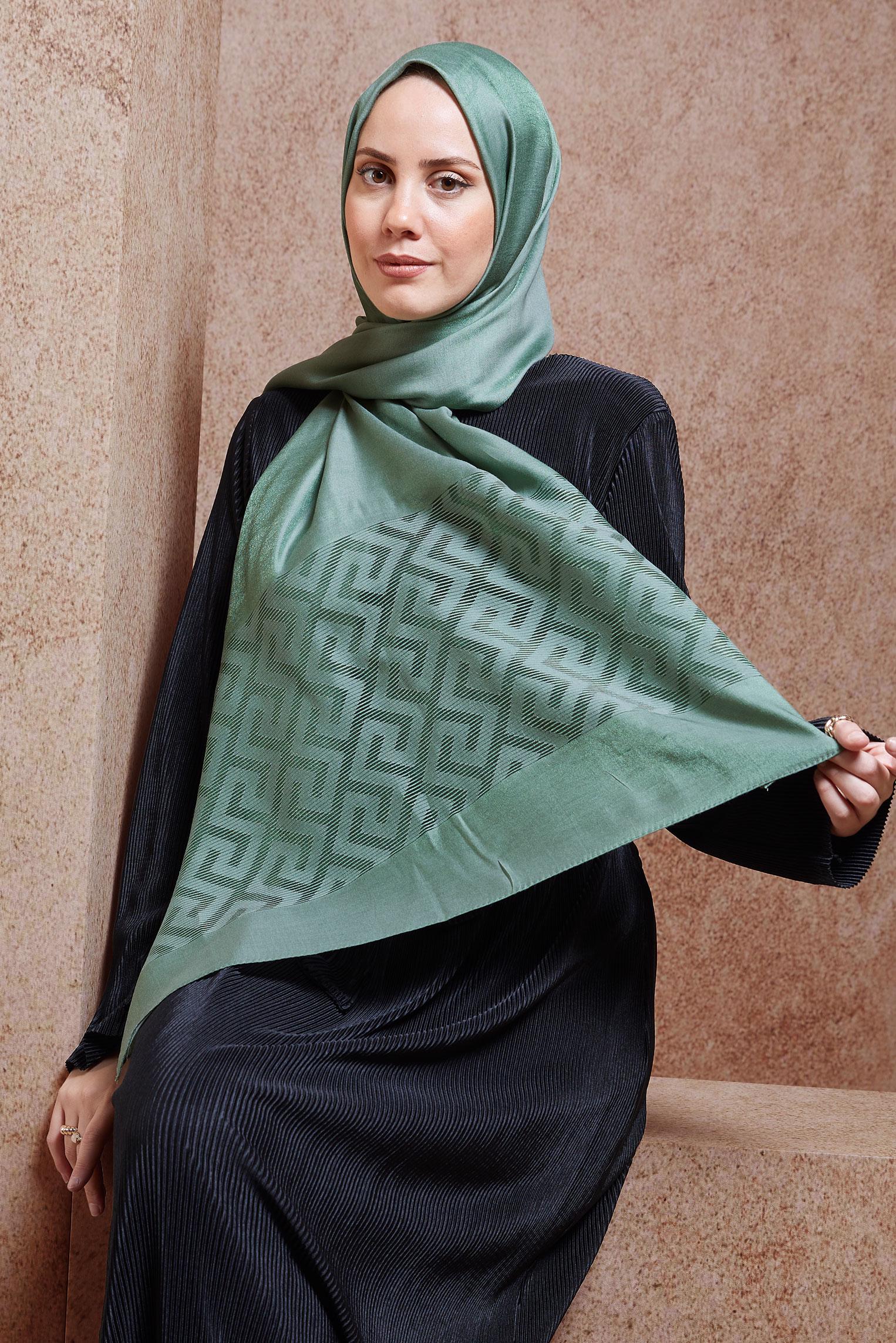 Tesettür giyim YEŞİL ALVİNA MOZAİK DESEN ŞAL 8459