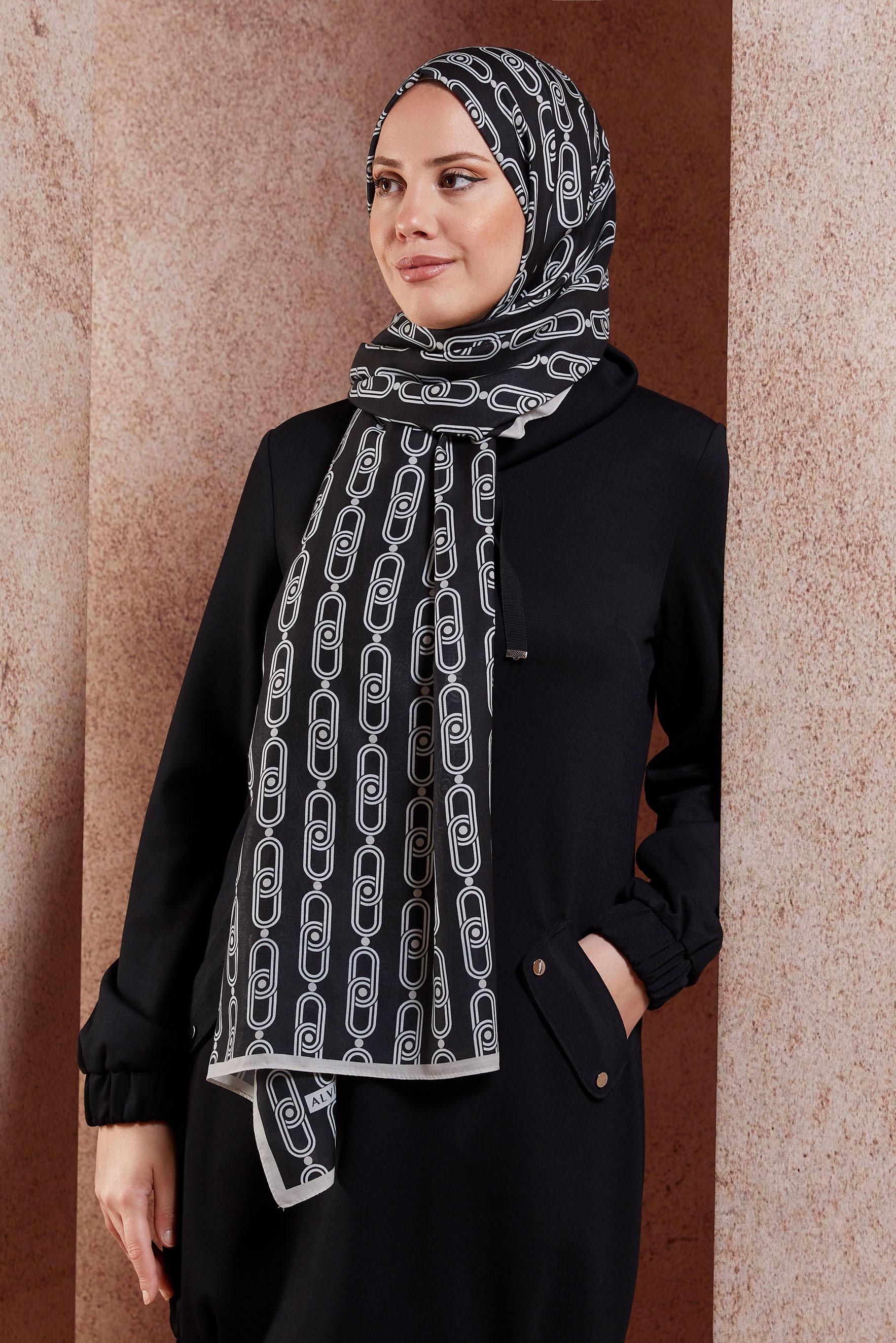 Tesettür giyim SİYAH ALVİNA DESENLİ ŞAL 95221