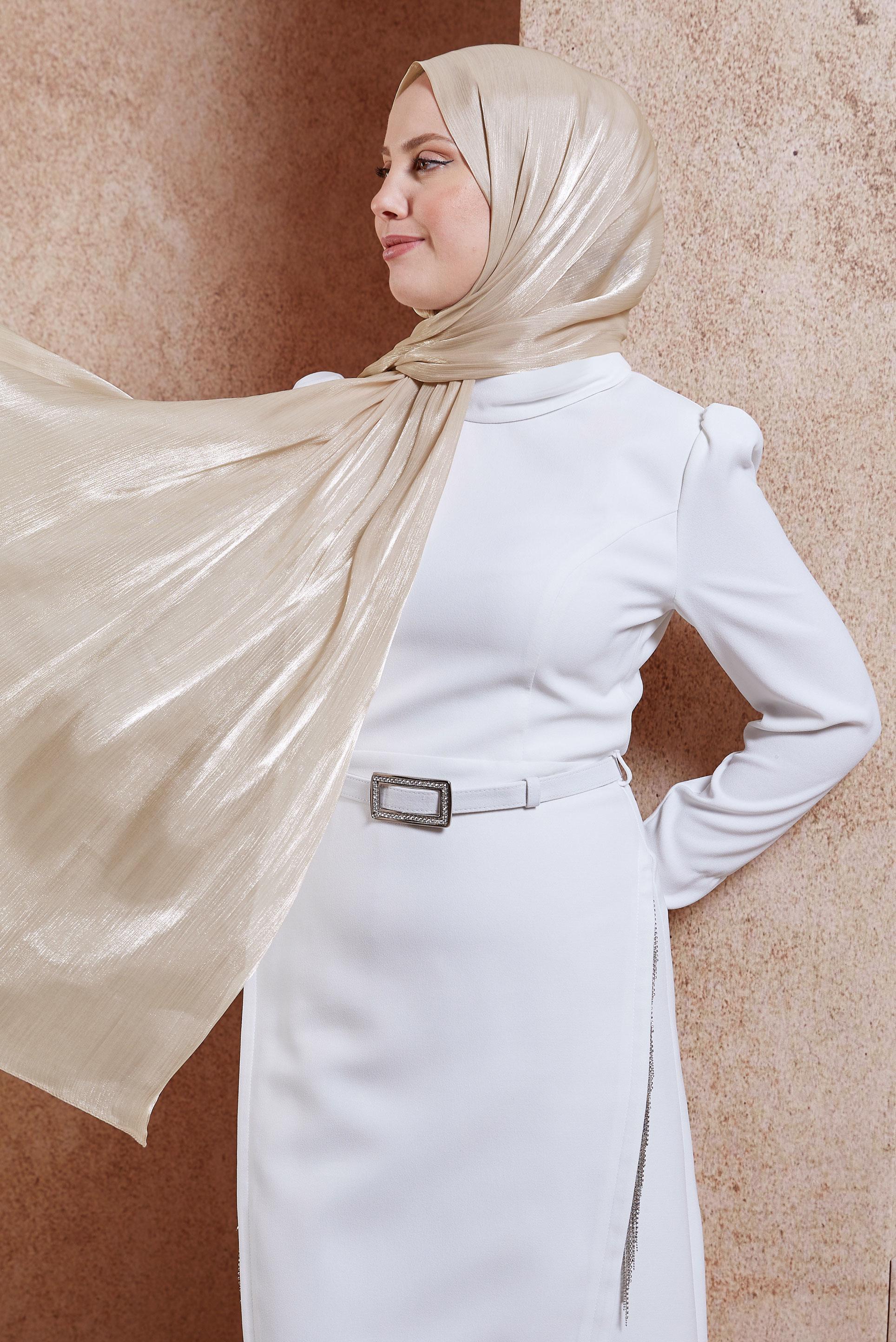 Tesettür giyim BEJ ALVİNA ABİYE ŞAL 8444