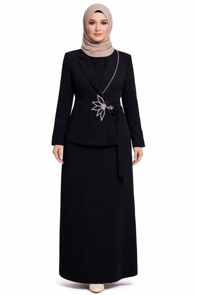 Hijab clothing BLACK SKIRTED SUIT WITH GEM DETAIL 30353 - ALVİNA
