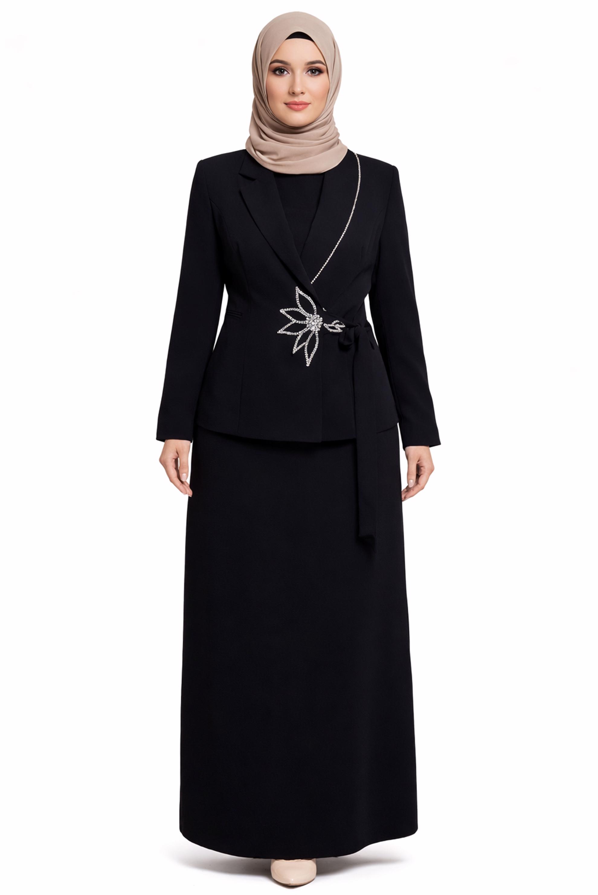 Vêtements hijab NOIR ENSEMBLE JUPE DÉTAILLÉE DE GEMMES 30353