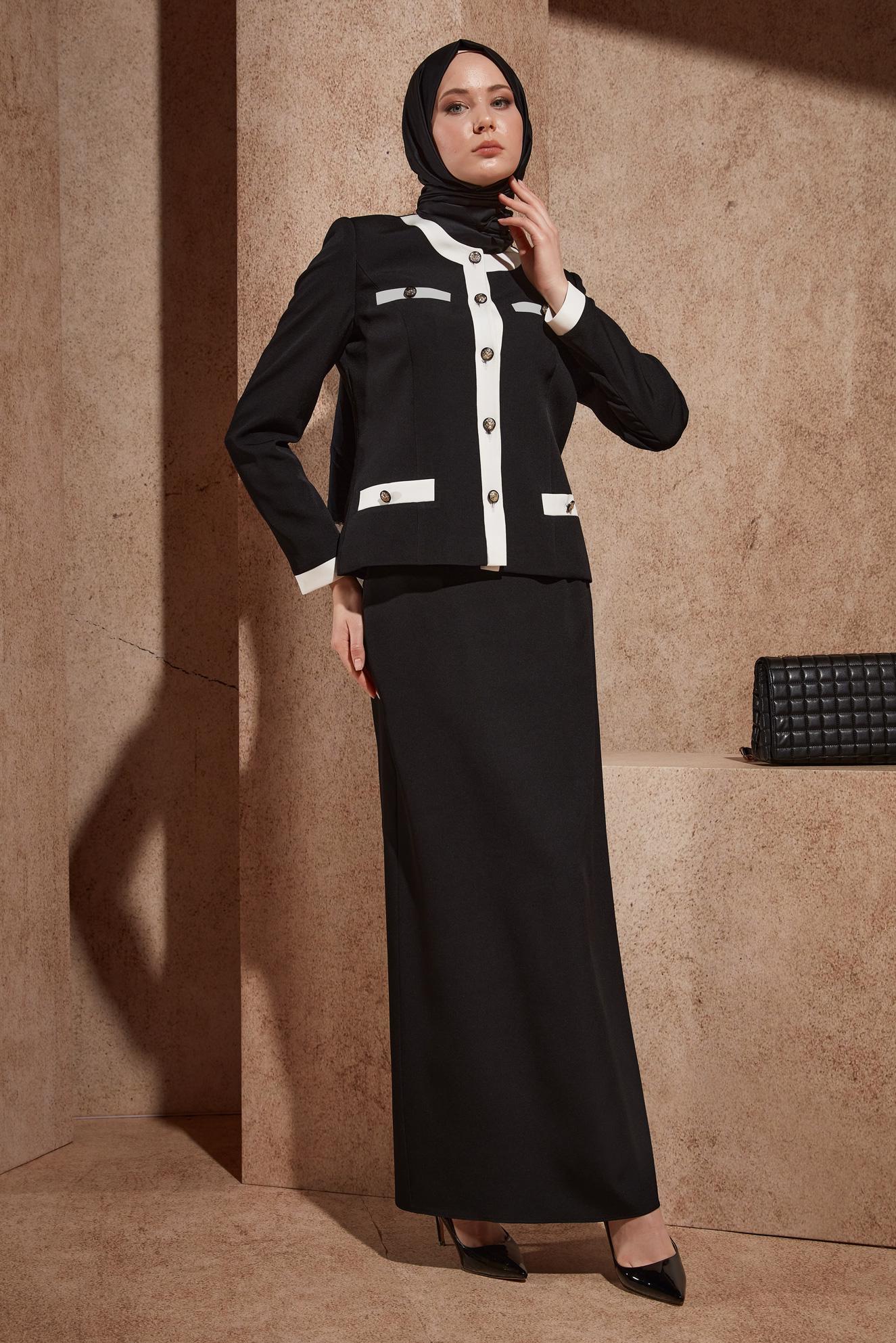 Tesettür giyim SİYAH DÜĞME DETAYLI ETEKLİ TAKIM 30426