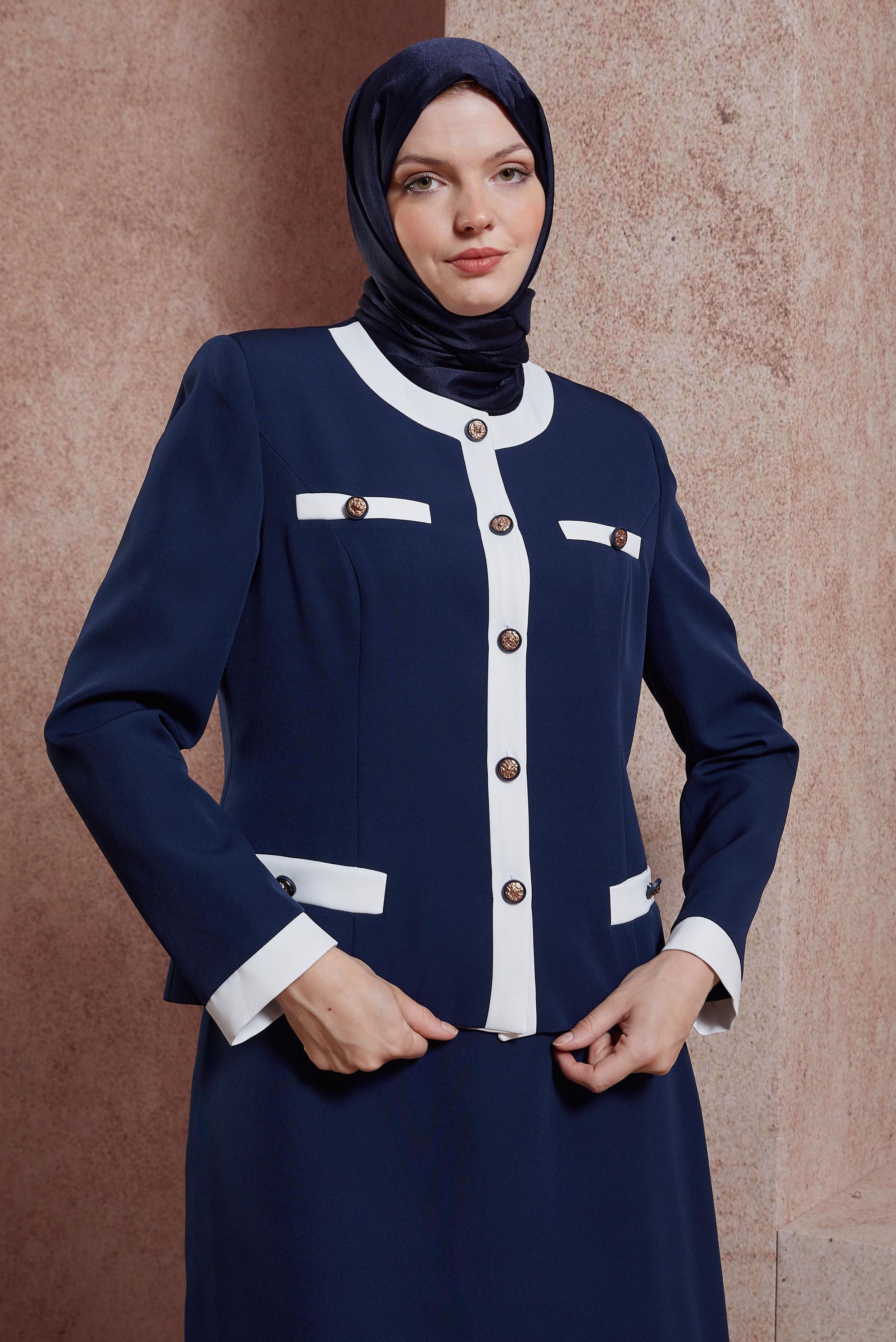 Tesettür giyim LACİVERT DÜĞME DETAYLI ETEKLİ TAKIM 30426