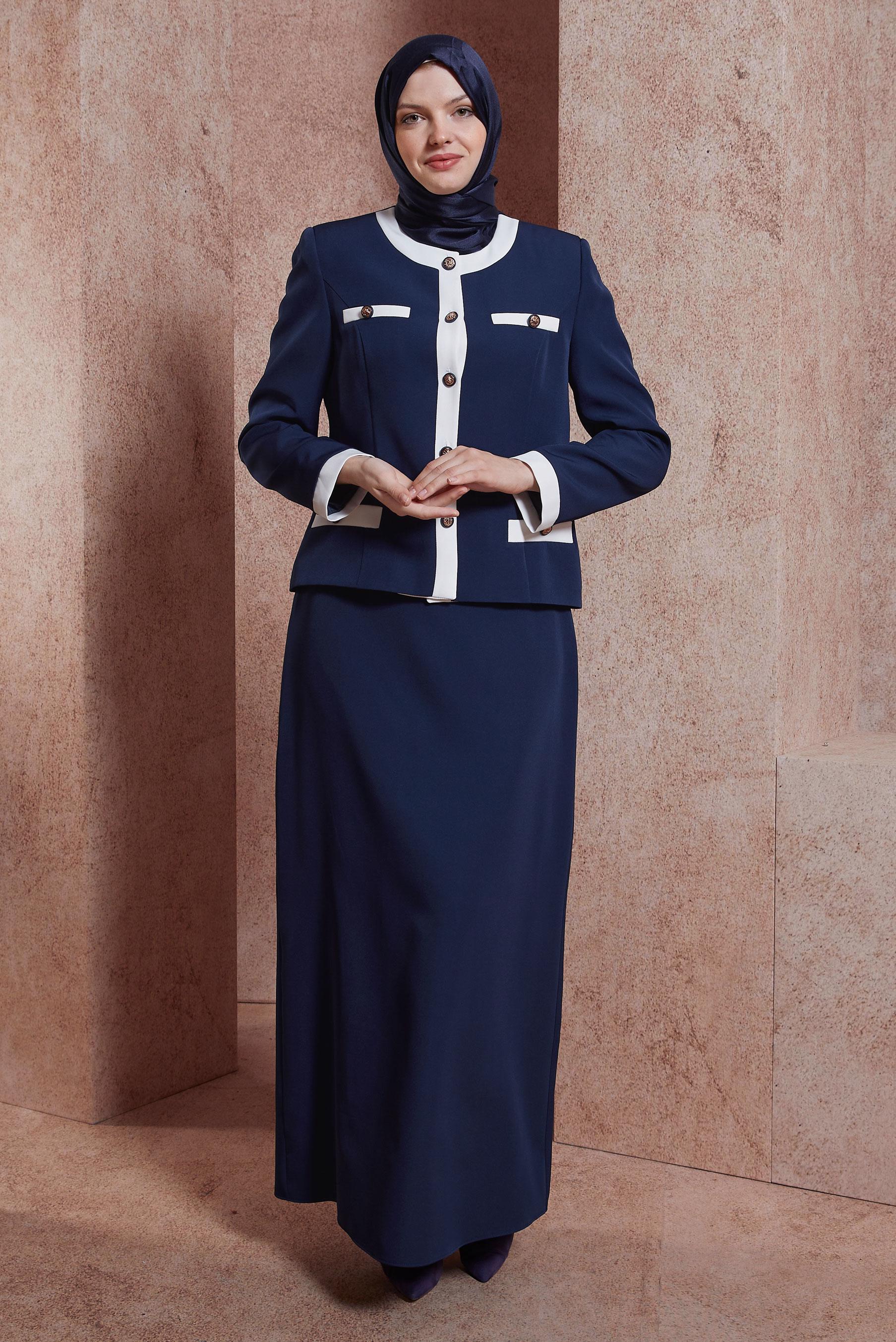 Tesettür giyim LACİVERT DÜĞME DETAYLI ETEKLİ TAKIM 30426