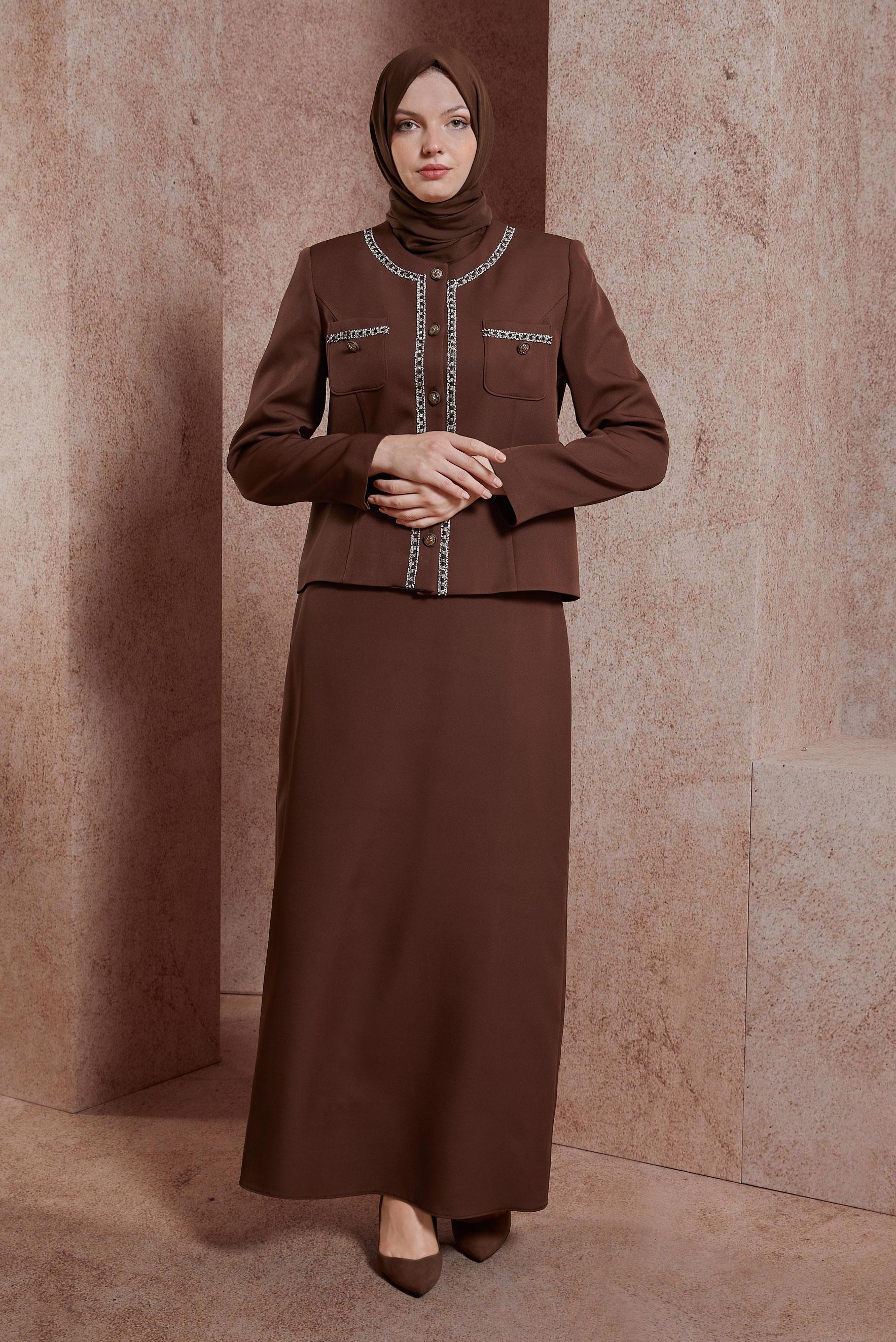 Tesettür giyim KAHVE DÜĞMELİ ETEKLİ TAKIM 30427