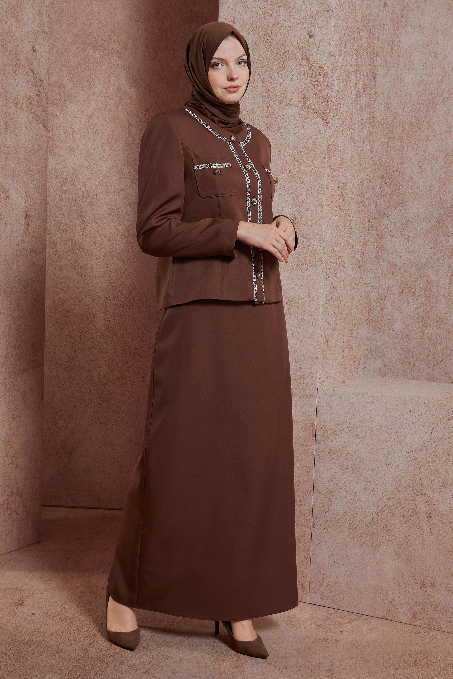 Tesettür giyim KAHVE DÜĞMELİ ETEKLİ TAKIM 30427