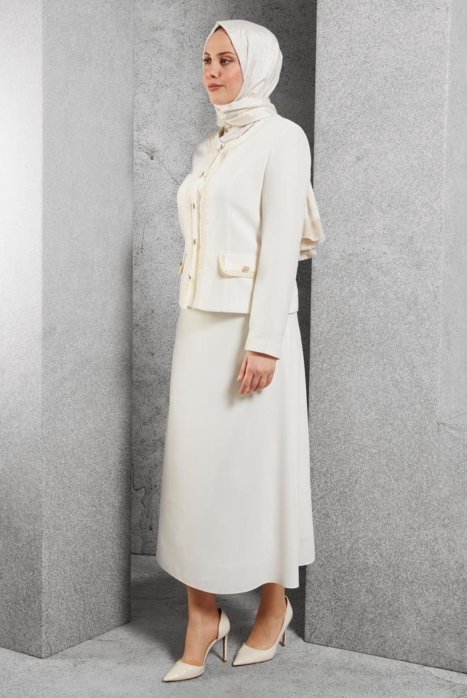 Tesettür giyim BEYAZ DÜĞMELİ ETEKLİ TAKIM 30428 - ALVİNA