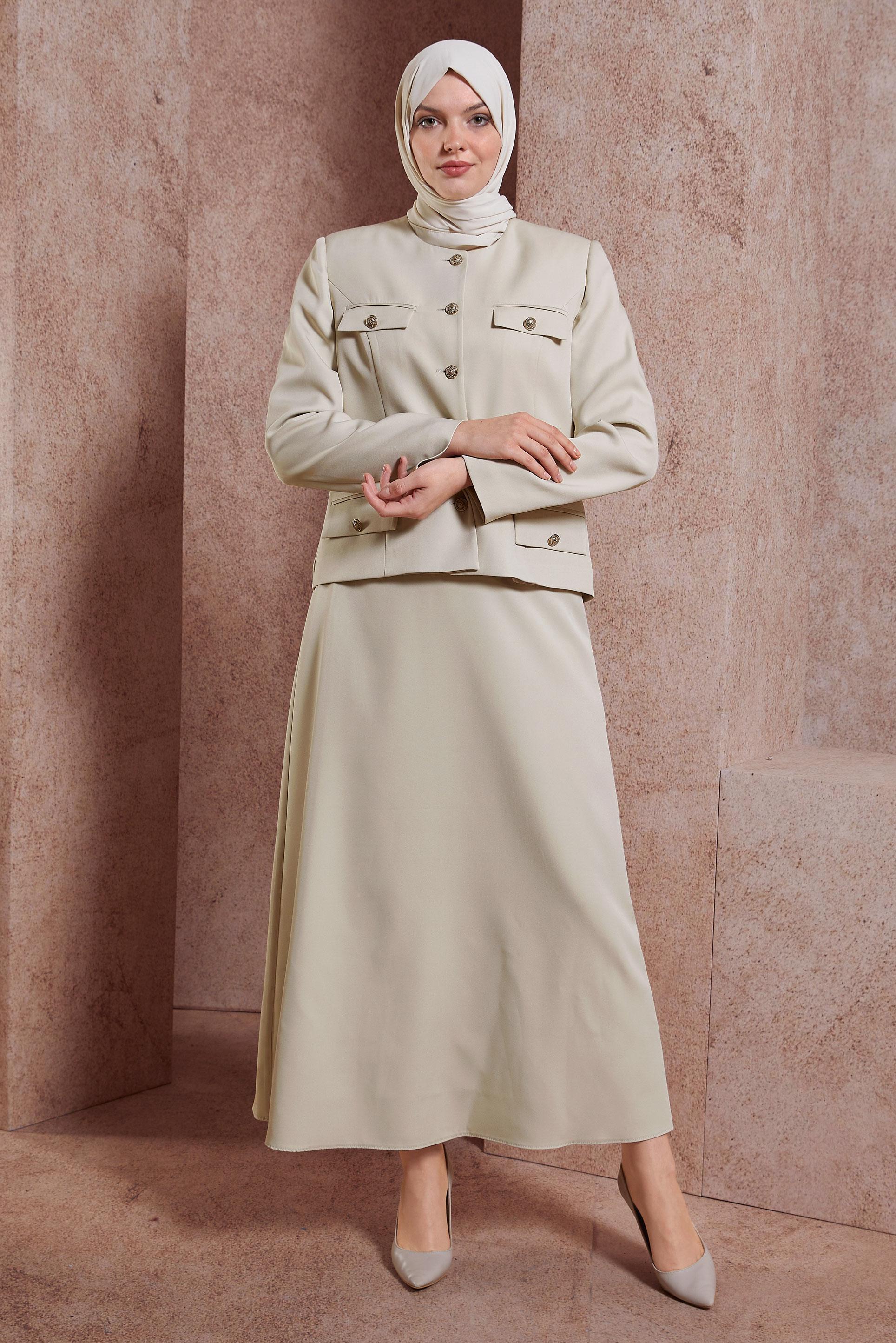 Tesettür giyim BEJ DÜĞMELİ ETEKLİ TAKIM 30431