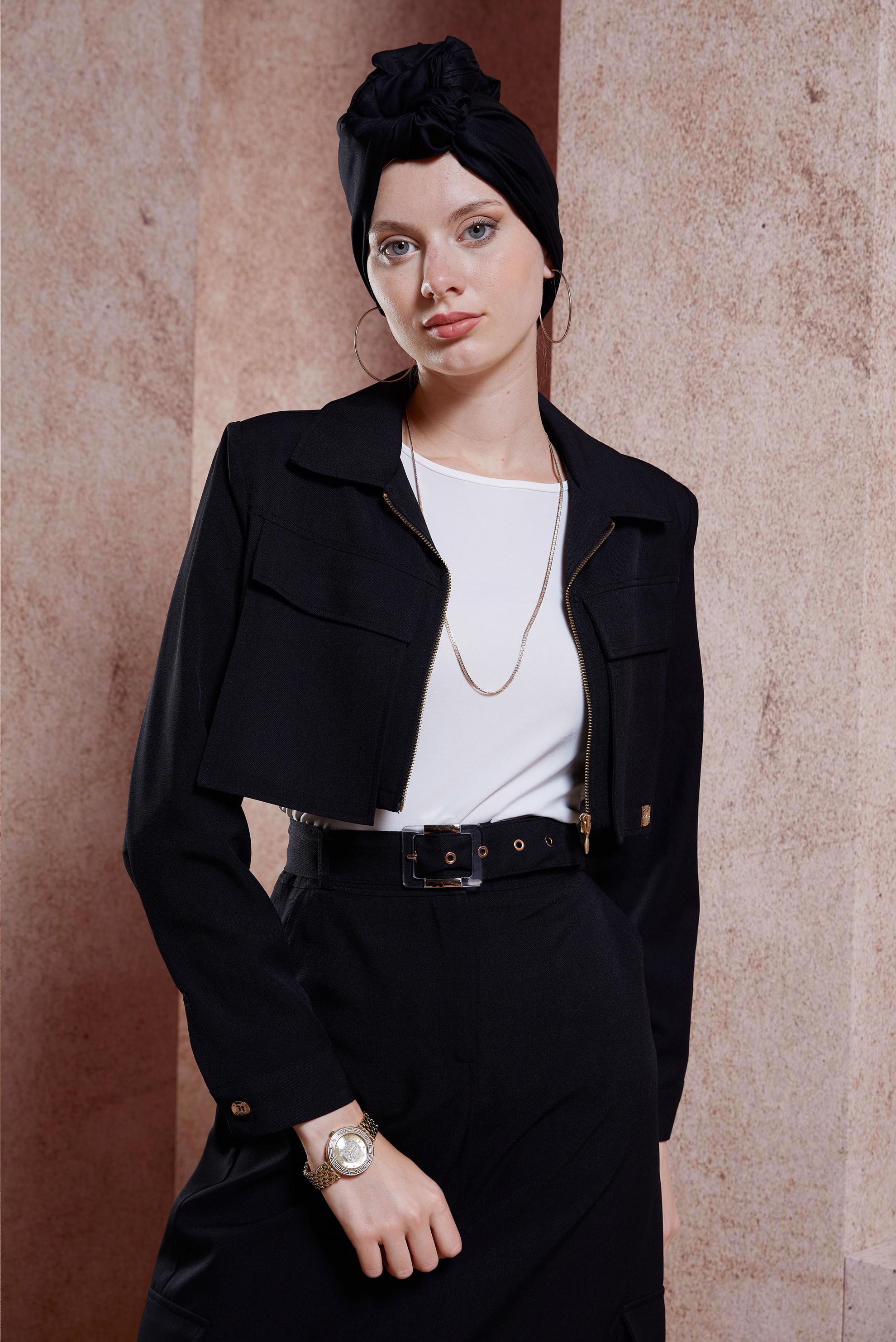 Tesettür giyim SİYAH KEMERLİ CEKETLİ ETEKLİ TAKIM 44460