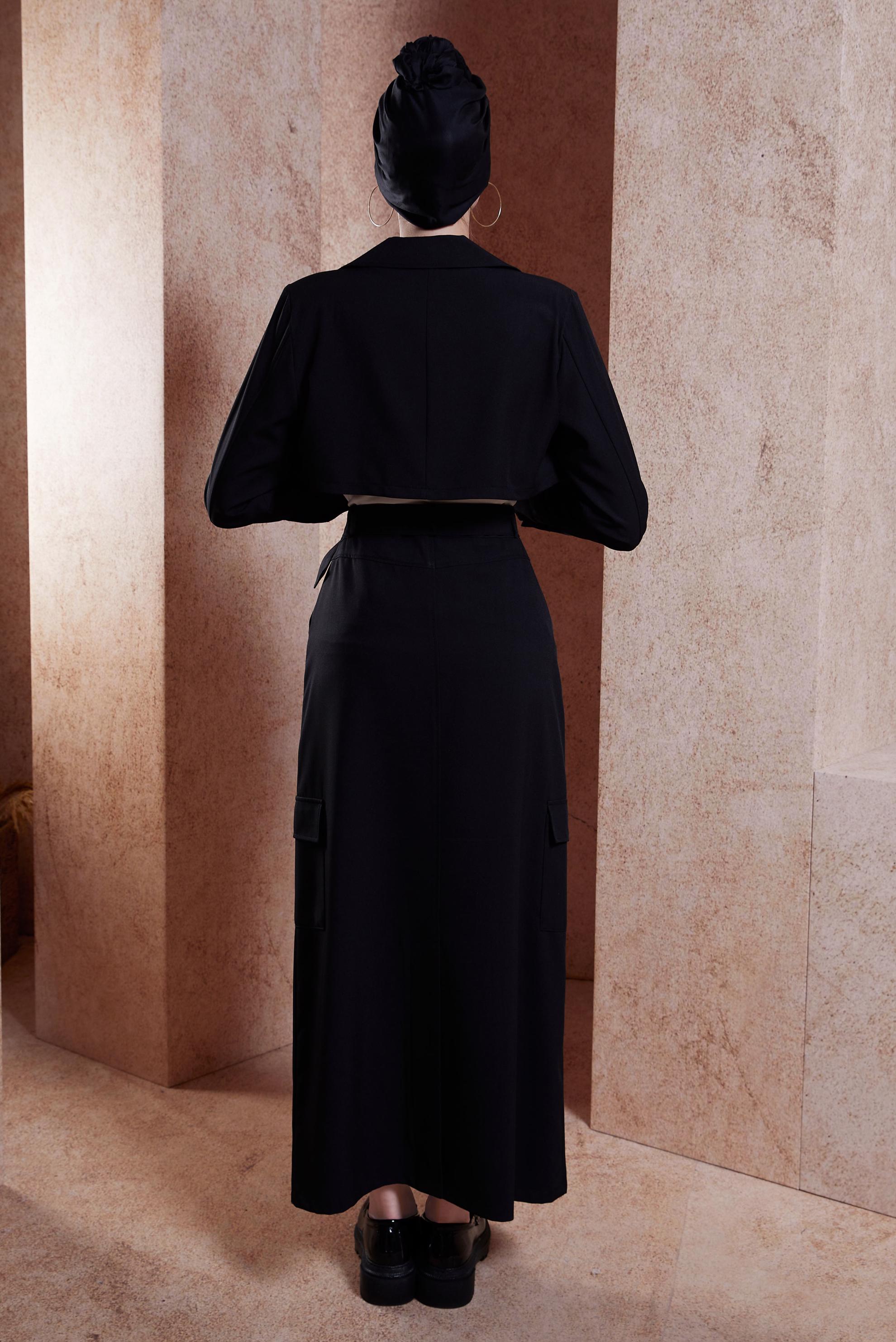 Tesettür giyim SİYAH KEMERLİ CEKETLİ ETEKLİ TAKIM 44460