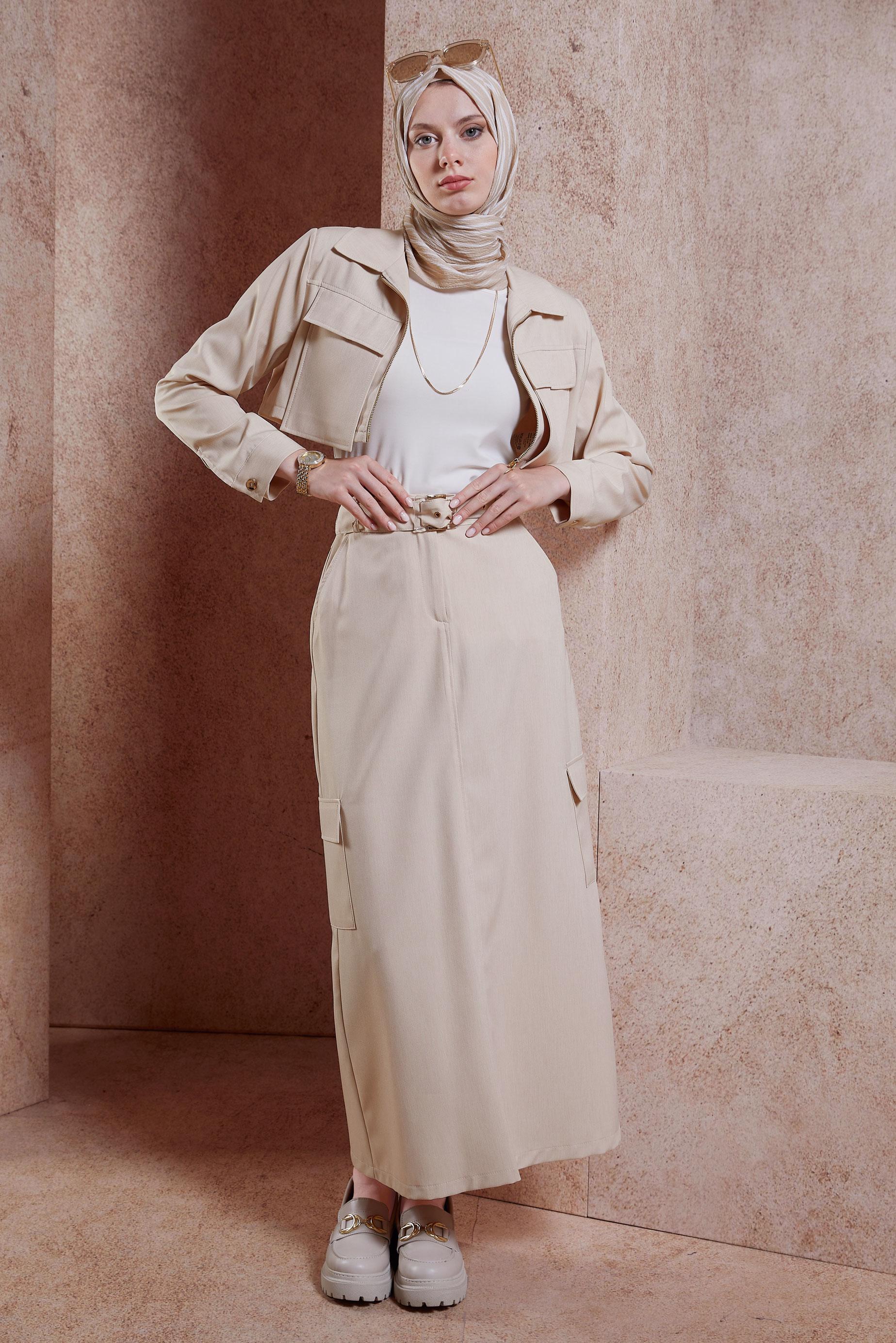 Tesettür giyim BEJ KEMERLİ CEKETLİ ETEKLİ TAKIM 44460