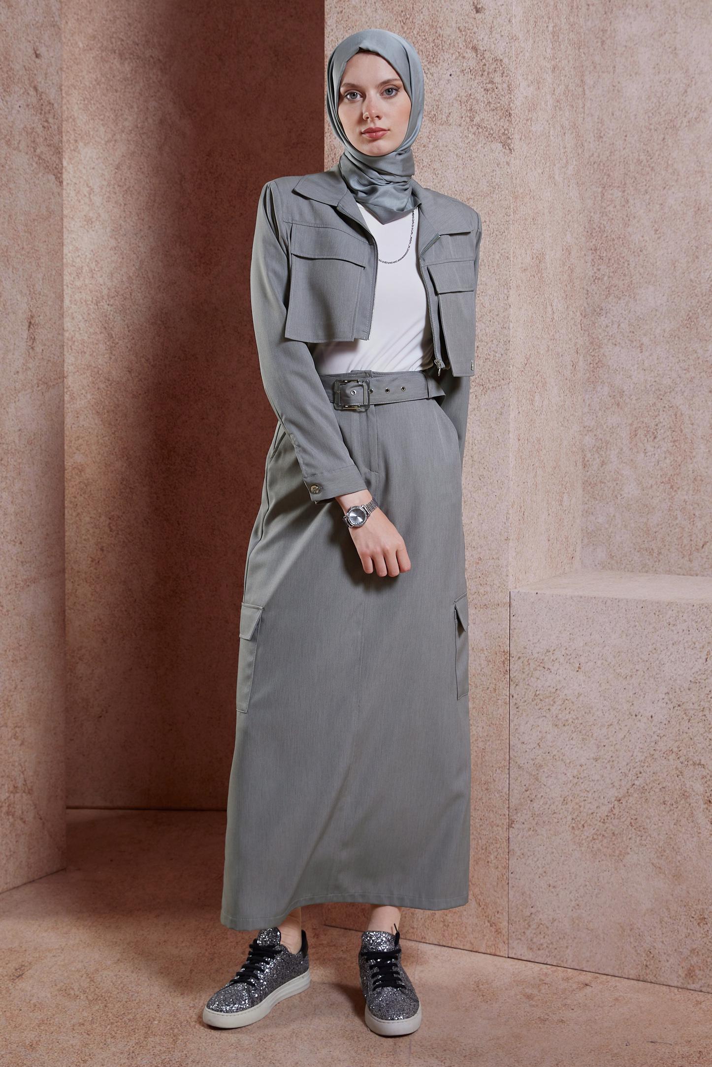 Tesettür giyim GRİ KEMERLİ CEKETLİ ETEKLİ TAKIM 44460