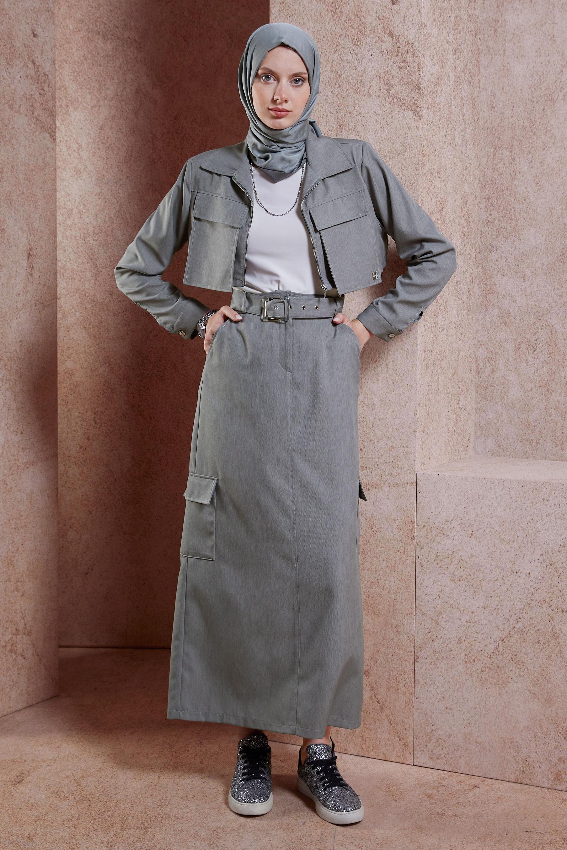 Tesettür giyim GRİ KEMERLİ CEKETLİ ETEKLİ TAKIM 44460