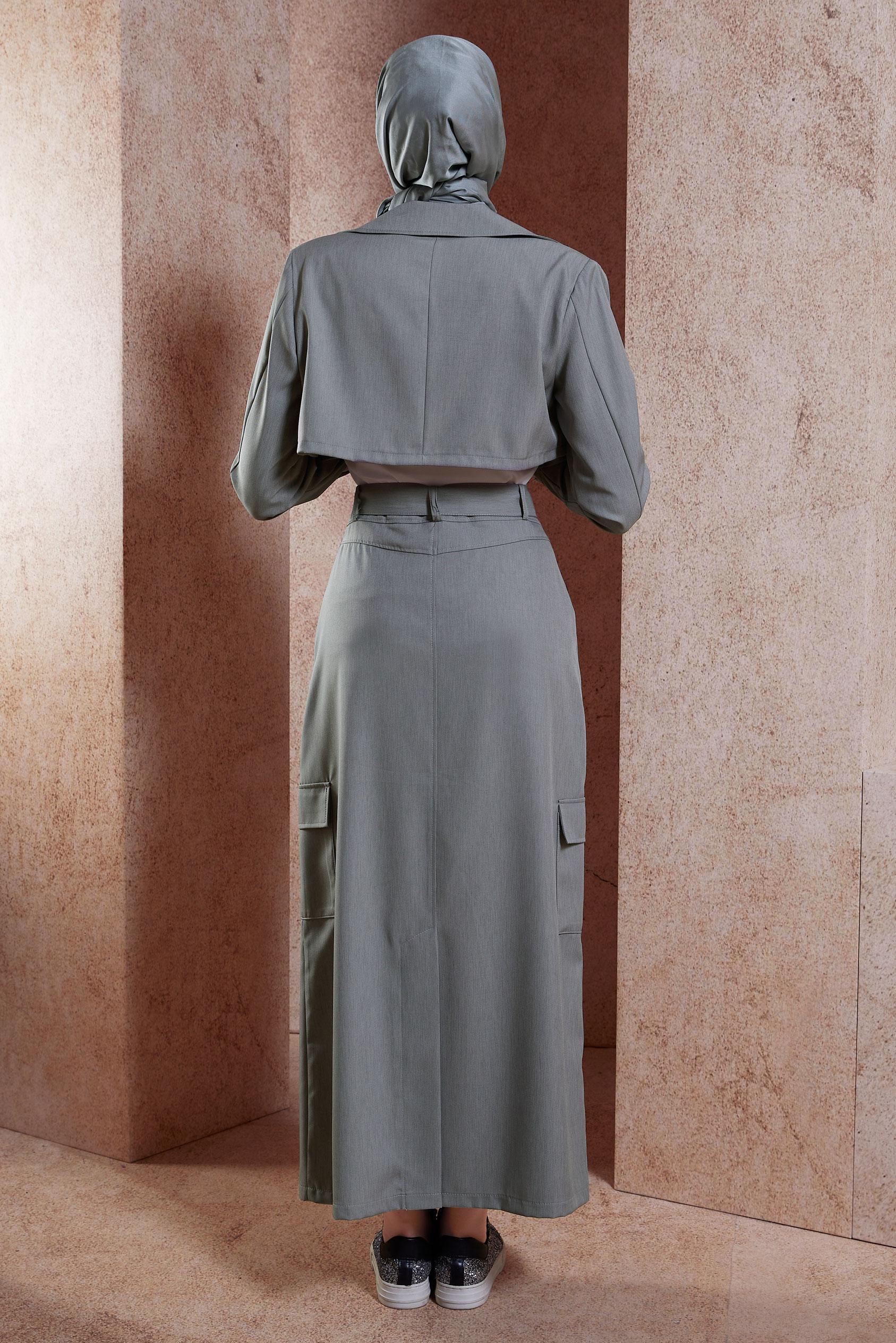 Tesettür giyim GRİ KEMERLİ CEKETLİ ETEKLİ TAKIM 44460