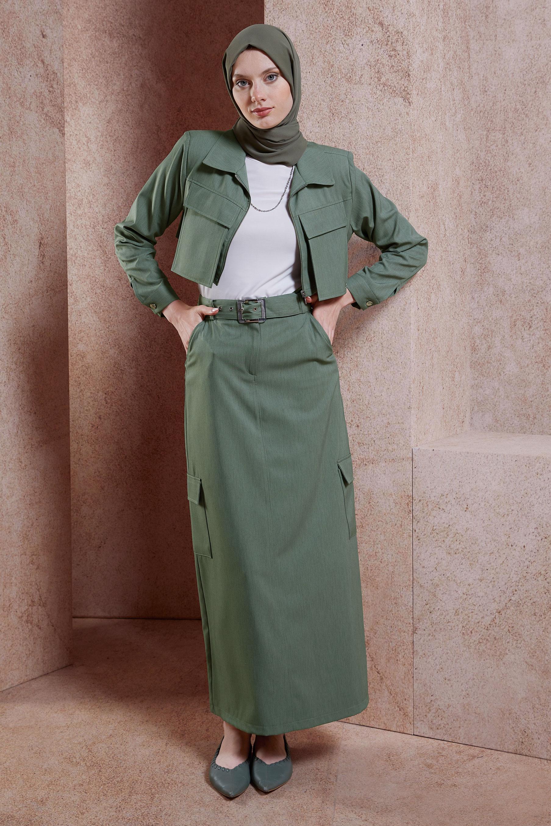 Tesettür giyim HAKİ KEMERLİ CEKETLİ ETEKLİ TAKIM 44460