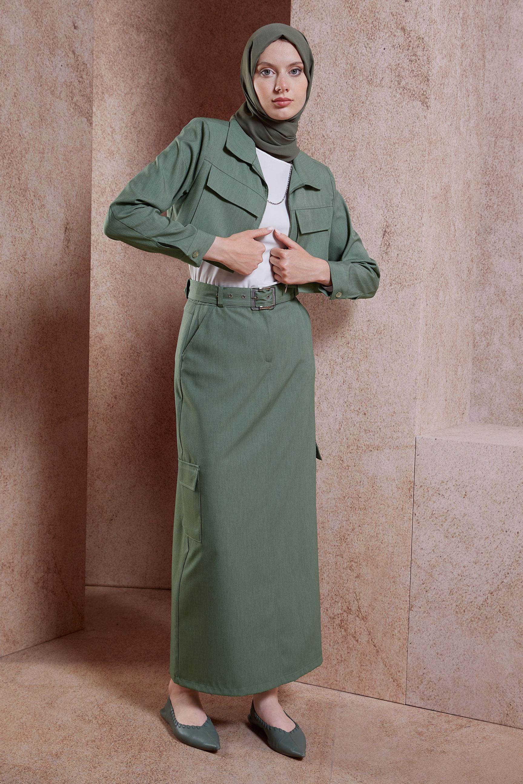 Tesettür giyim HAKİ KEMERLİ CEKETLİ ETEKLİ TAKIM 44460