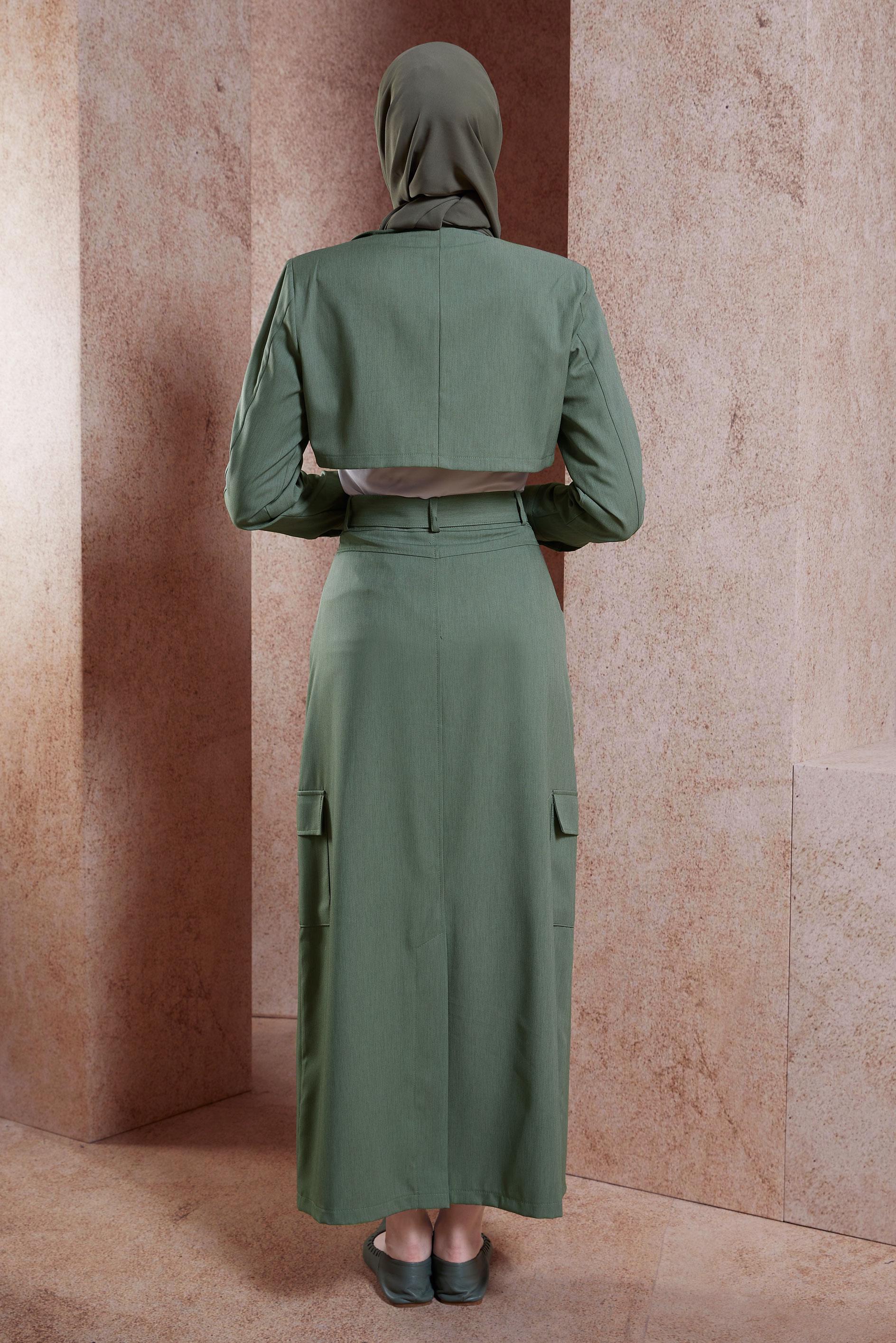 Tesettür giyim HAKİ KEMERLİ CEKETLİ ETEKLİ TAKIM 44460