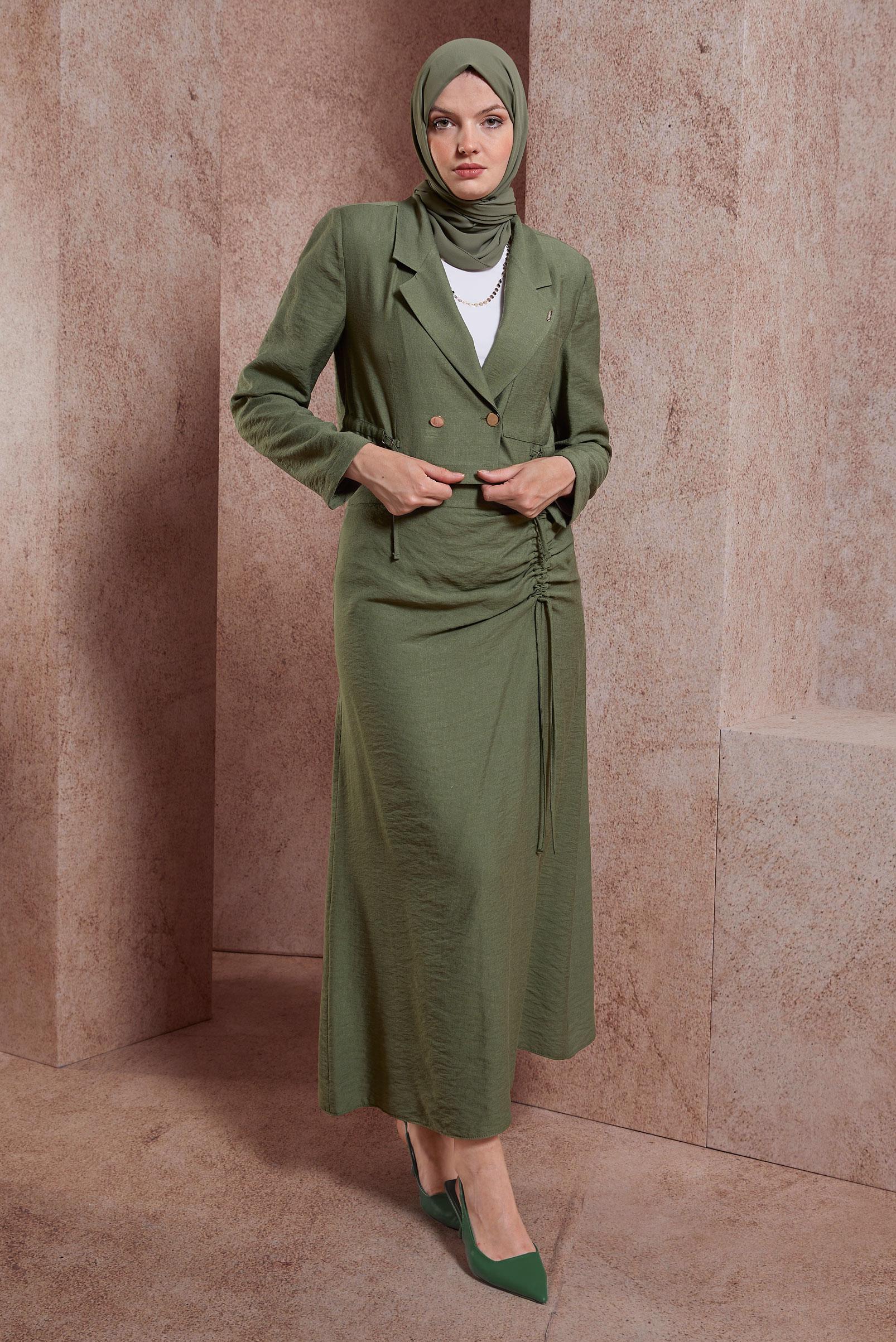 Tesettür giyim HAKİ BÜZGÜ DETAYLI ETEKLİ TAKIM 44505