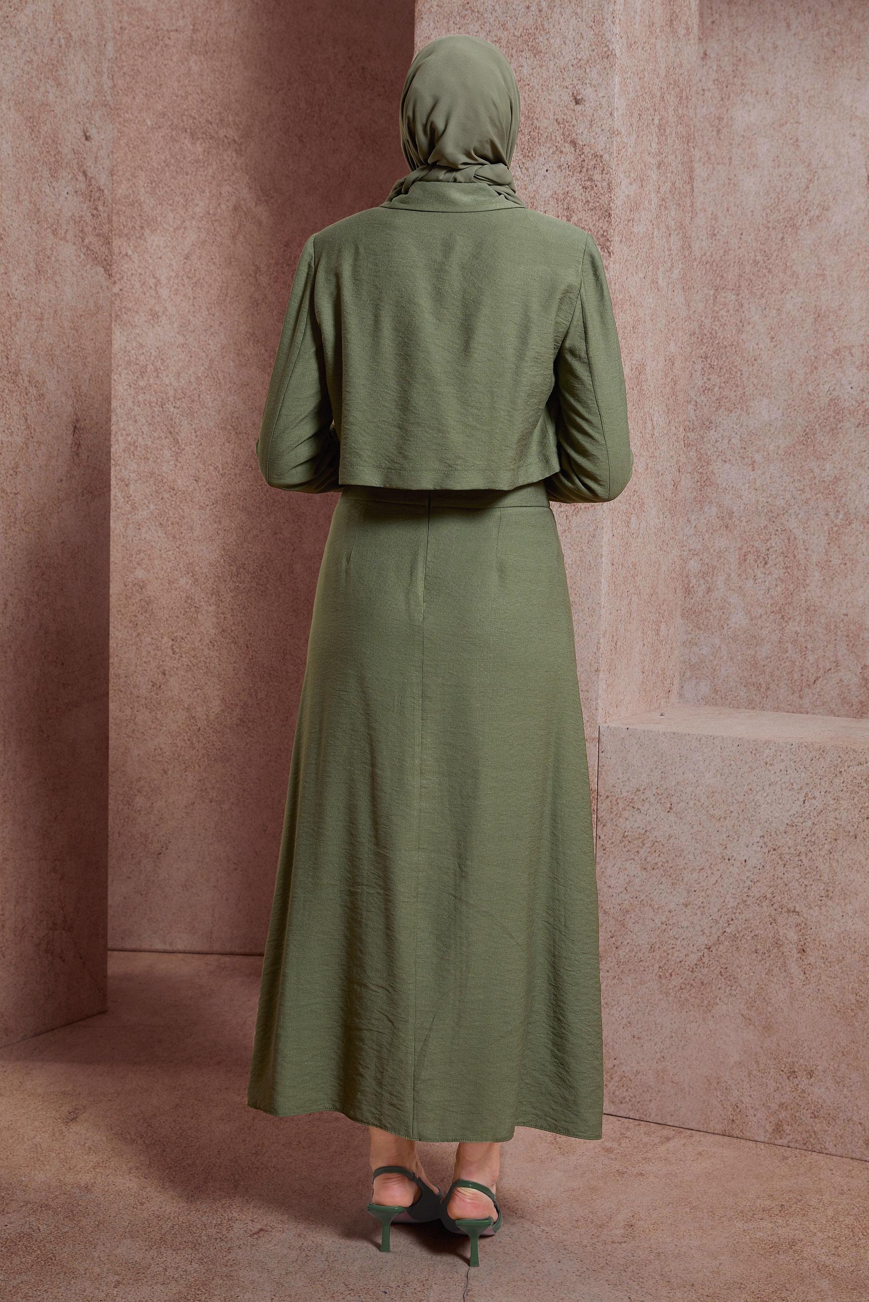 Tesettür giyim HAKİ BÜZGÜ DETAYLI ETEKLİ TAKIM 44505