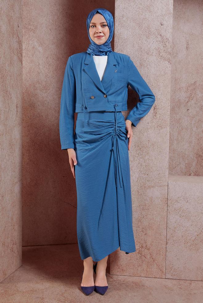 Tesettür giyim LACİVERT BÜZGÜ DETAYLI ETEKLİ TAKIM 44505 - ALVİNA