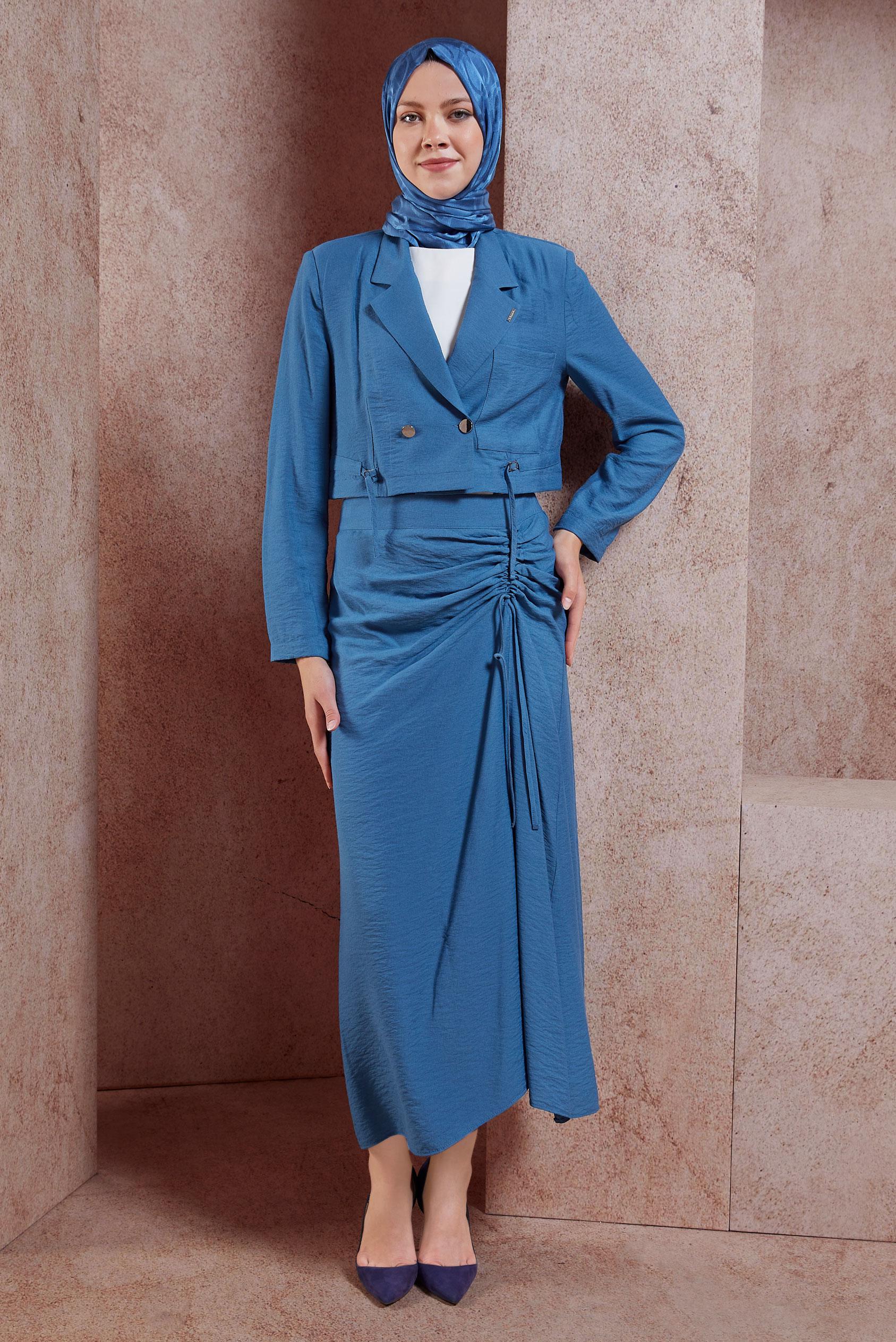 Tesettür giyim LACİVERT BÜZGÜ DETAYLI ETEKLİ TAKIM 44505