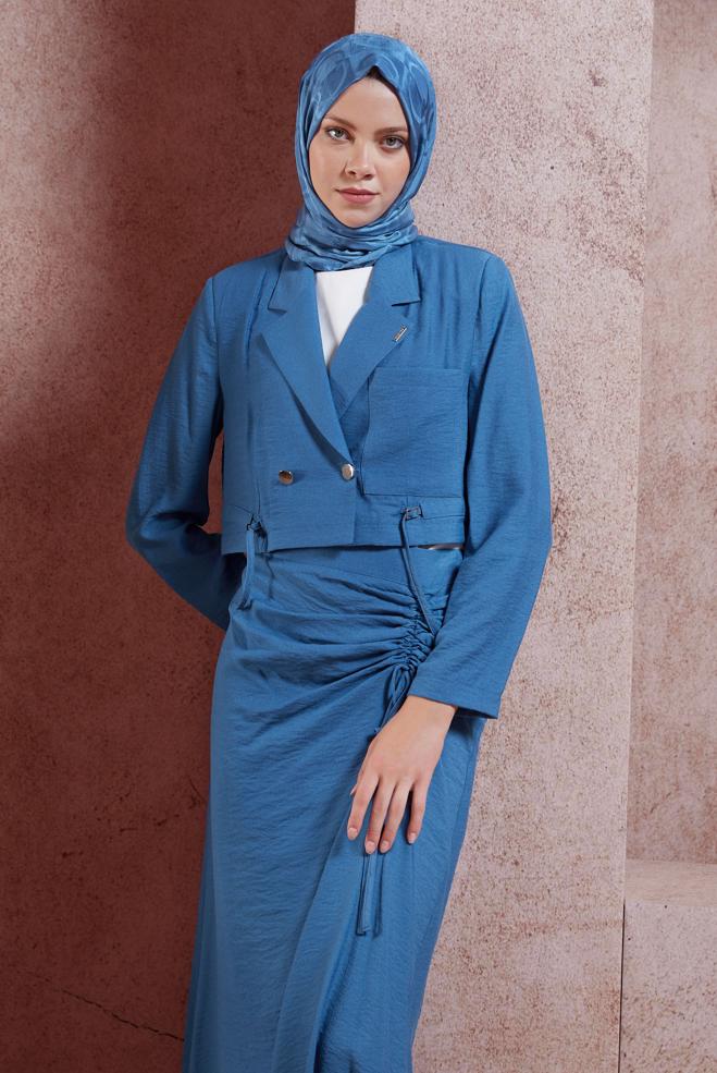 Tesettür giyim LACİVERT BÜZGÜ DETAYLI ETEKLİ TAKIM 44505 - ALVİNA