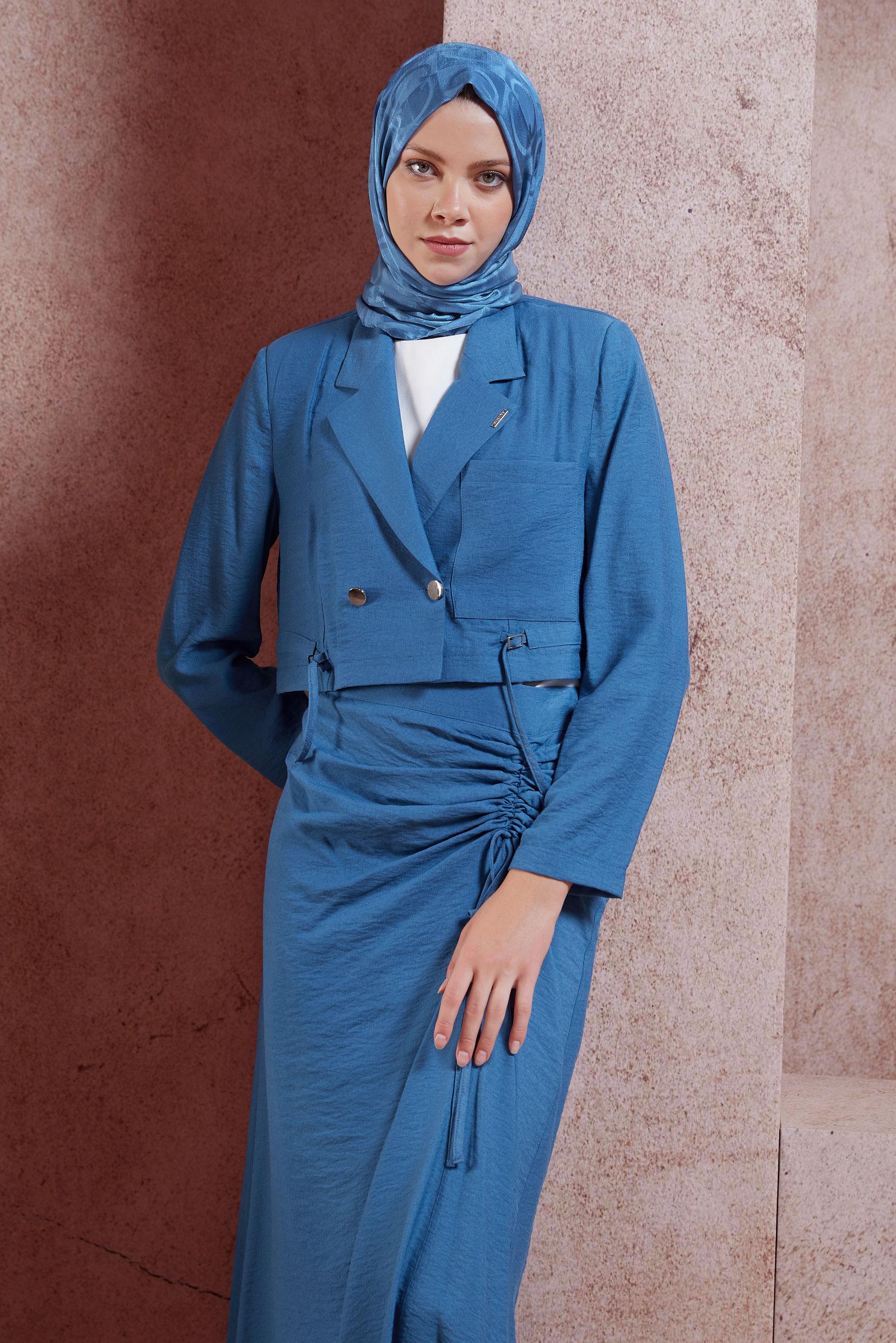 Tesettür giyim LACİVERT BÜZGÜ DETAYLI ETEKLİ TAKIM 44505