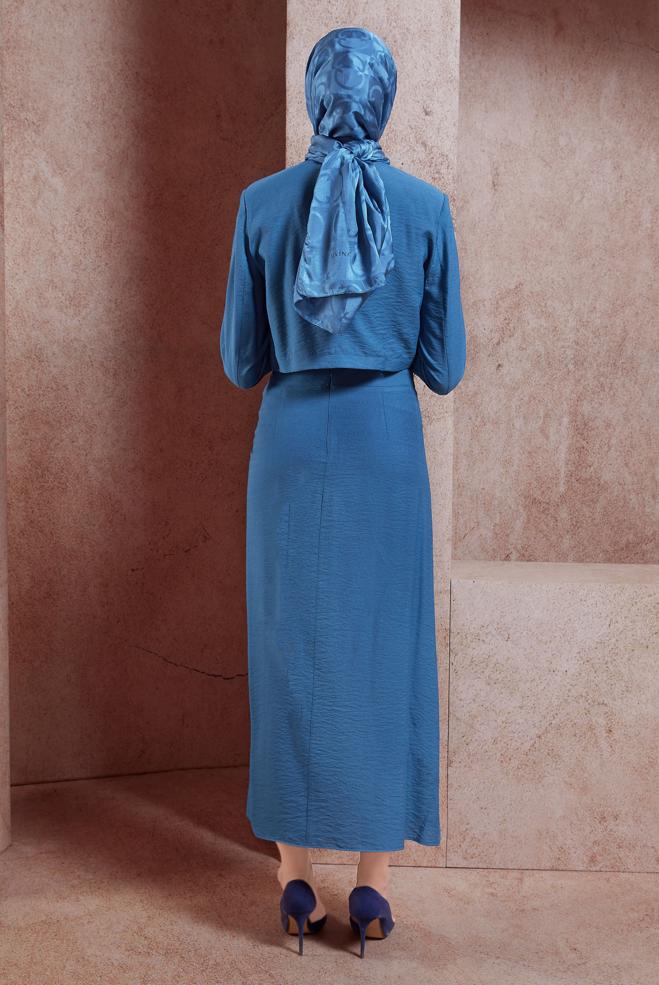 Tesettür giyim LACİVERT BÜZGÜ DETAYLI ETEKLİ TAKIM 44505 - ALVİNA