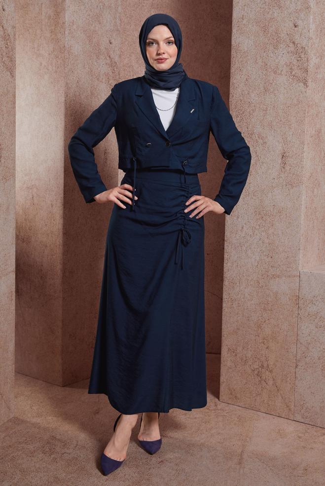Hijab-Kleidung NAVY BLAU DETAILLIERTER ROCKANZUG 44505 - ALVİNA