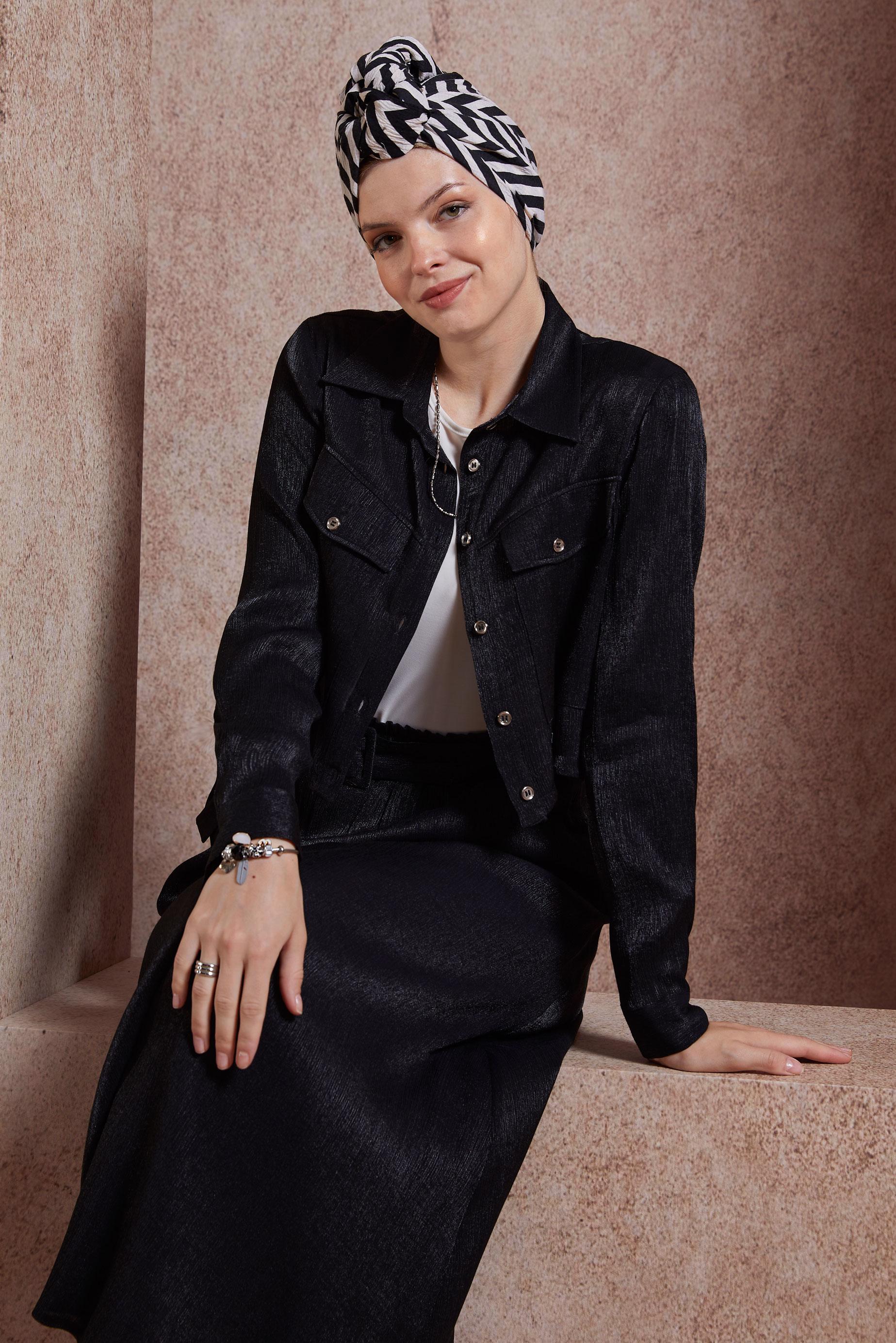 Tesettür giyim SİYAH ETEKLİ SATEN DOKULU BÜRÜMCÜK TAKIM 44567